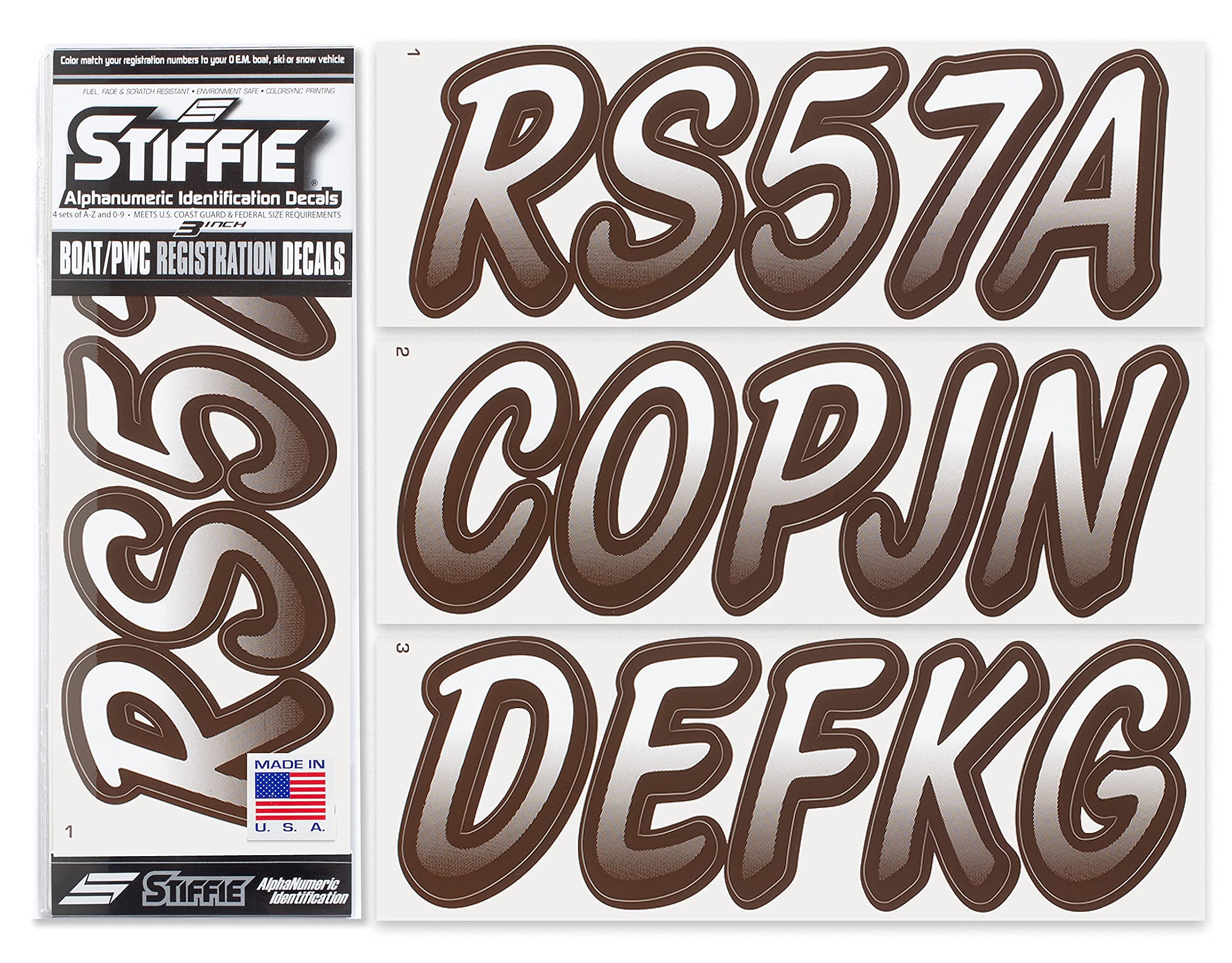 STIFFIE Whipline White/Espresso Brown 3" Boat &amp; PWC Registration Decals • Numbers Letters Stickers