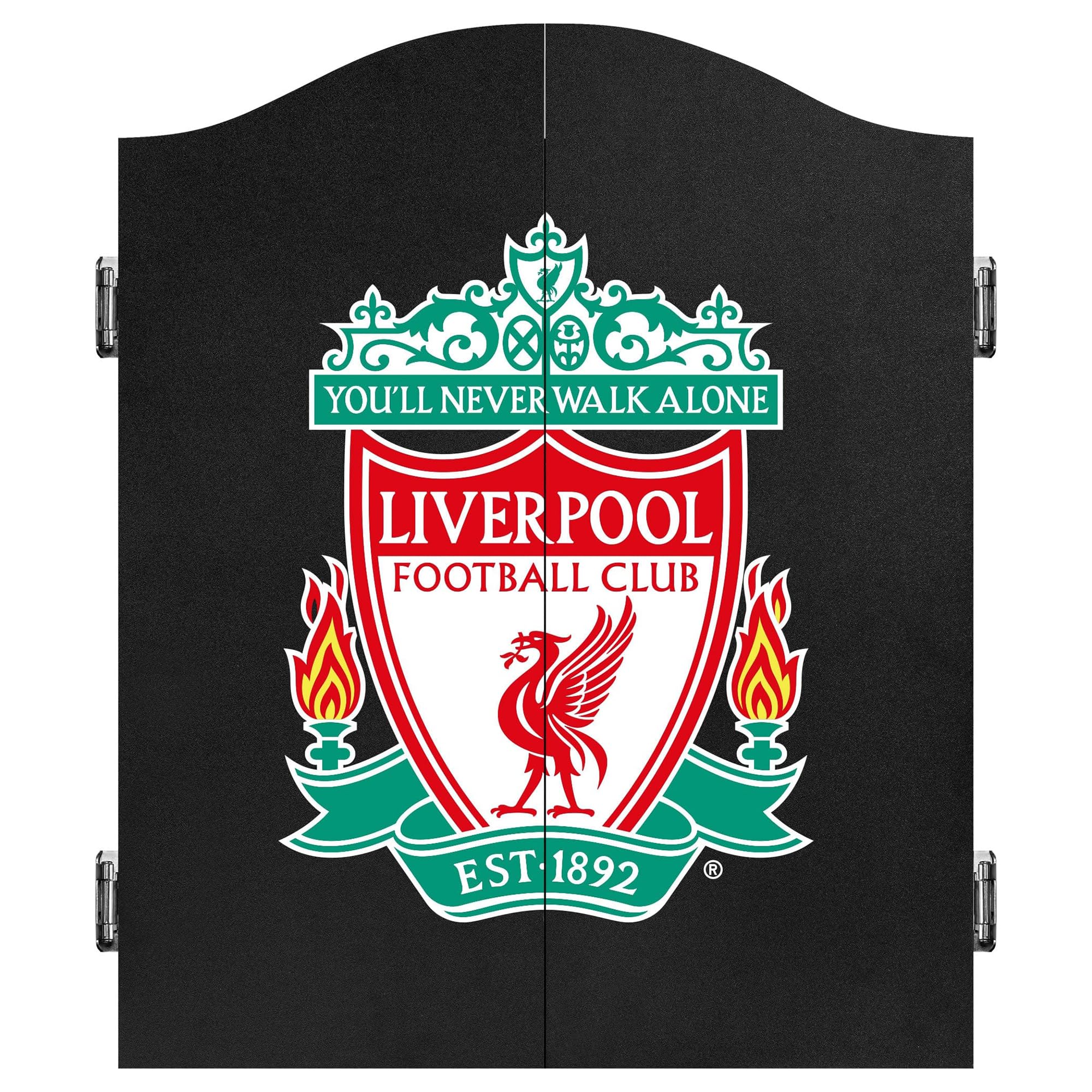 FOCO Gabinete de dardos y diana con licencia oficial del Liverpool Football Club The Reds, escudo del club, negro (CAB076)