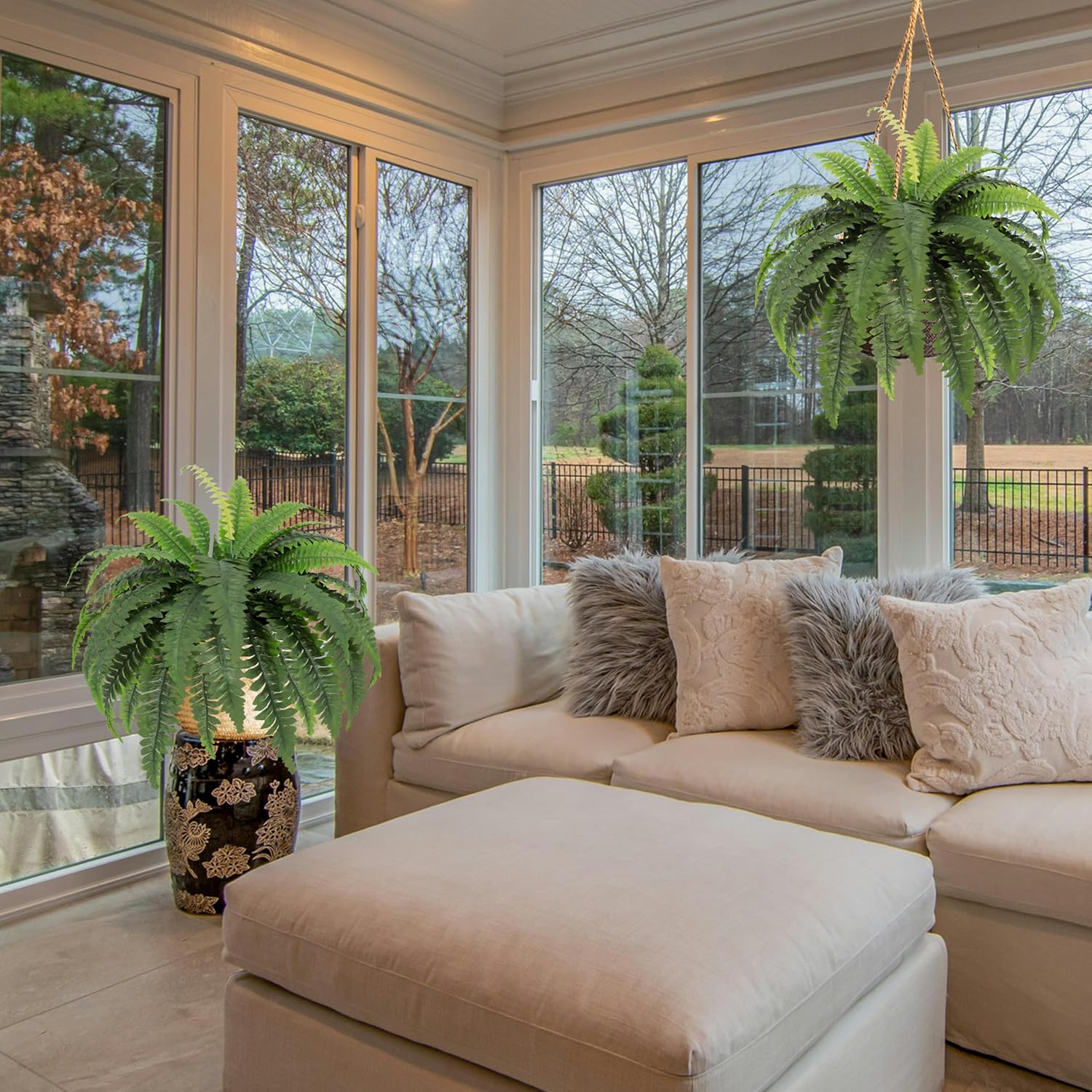 Artificial Boston Fern Greenery Bush for Indoors Outdoor, 4pcs Large Fake Silk Faux Ferns Flowers Shrub with 30 Spread for Hanging Plant Home Garden Windowsill Porch Home Decoration