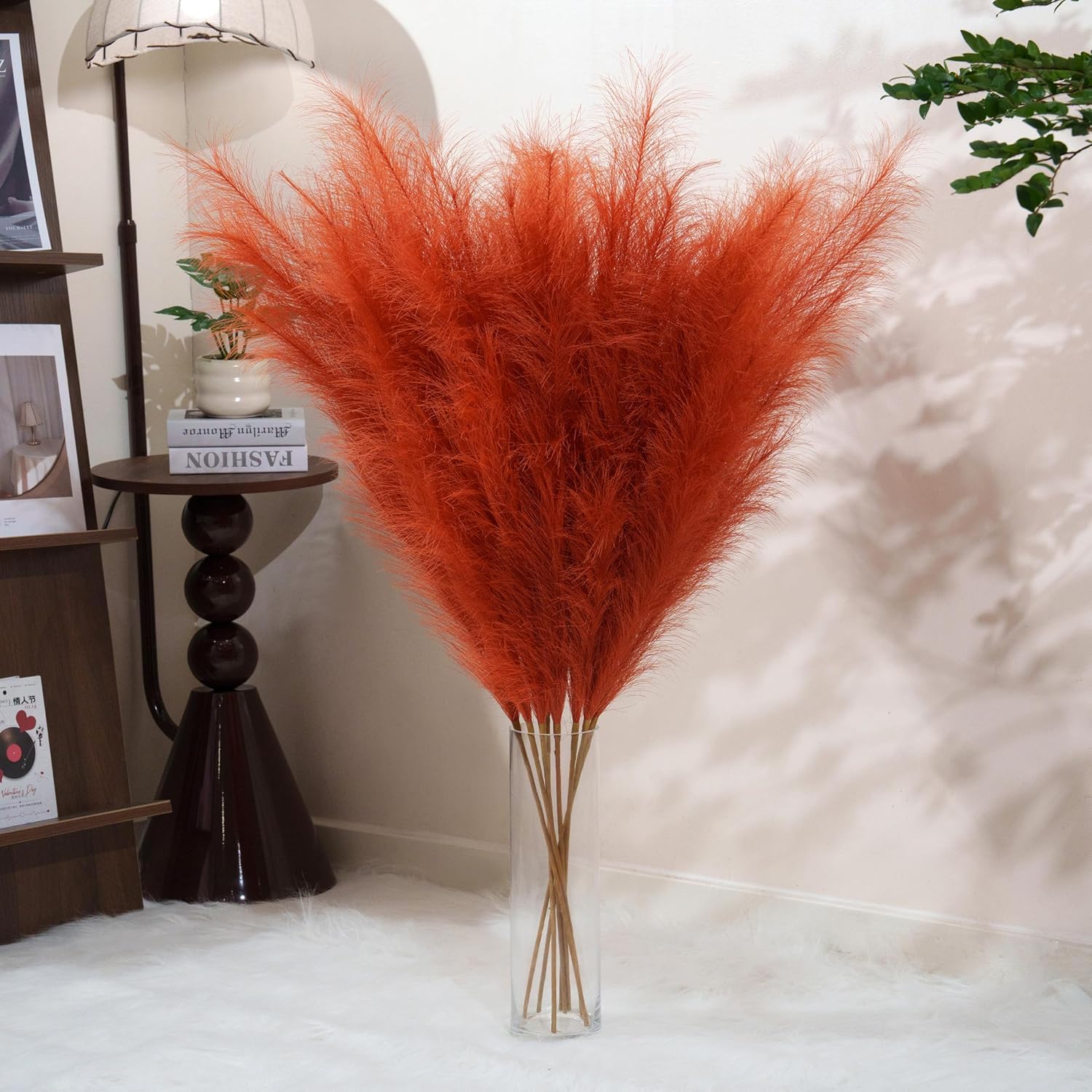 Premium Faux Orange Pampas Grass – 8pcs 43.3" Tall Fluffy Pampas for Floor Vase Decor, 18-Branch One-Piece Stems No Assembly, Luxury Silk-Feel Feather Flowers for Boho Wedding Home Decor 110cm