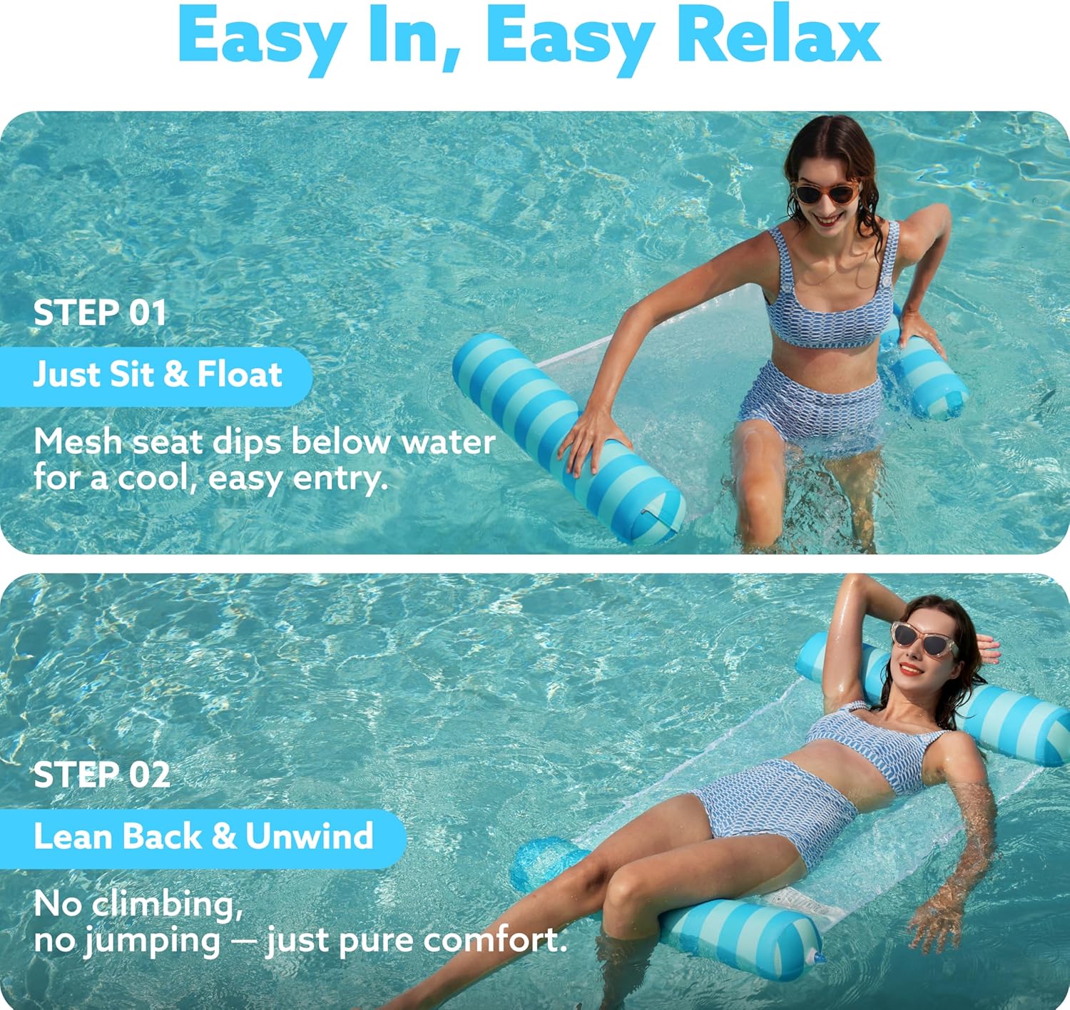 Sloosh 3 Pack Inflatable Pool Float Hammock, Water Lounges, Multi-Purpose Swimming Pool Accessories (Saddle, Lounge Chair, Hammock, Drifter), Lake, Outdoor, Beach