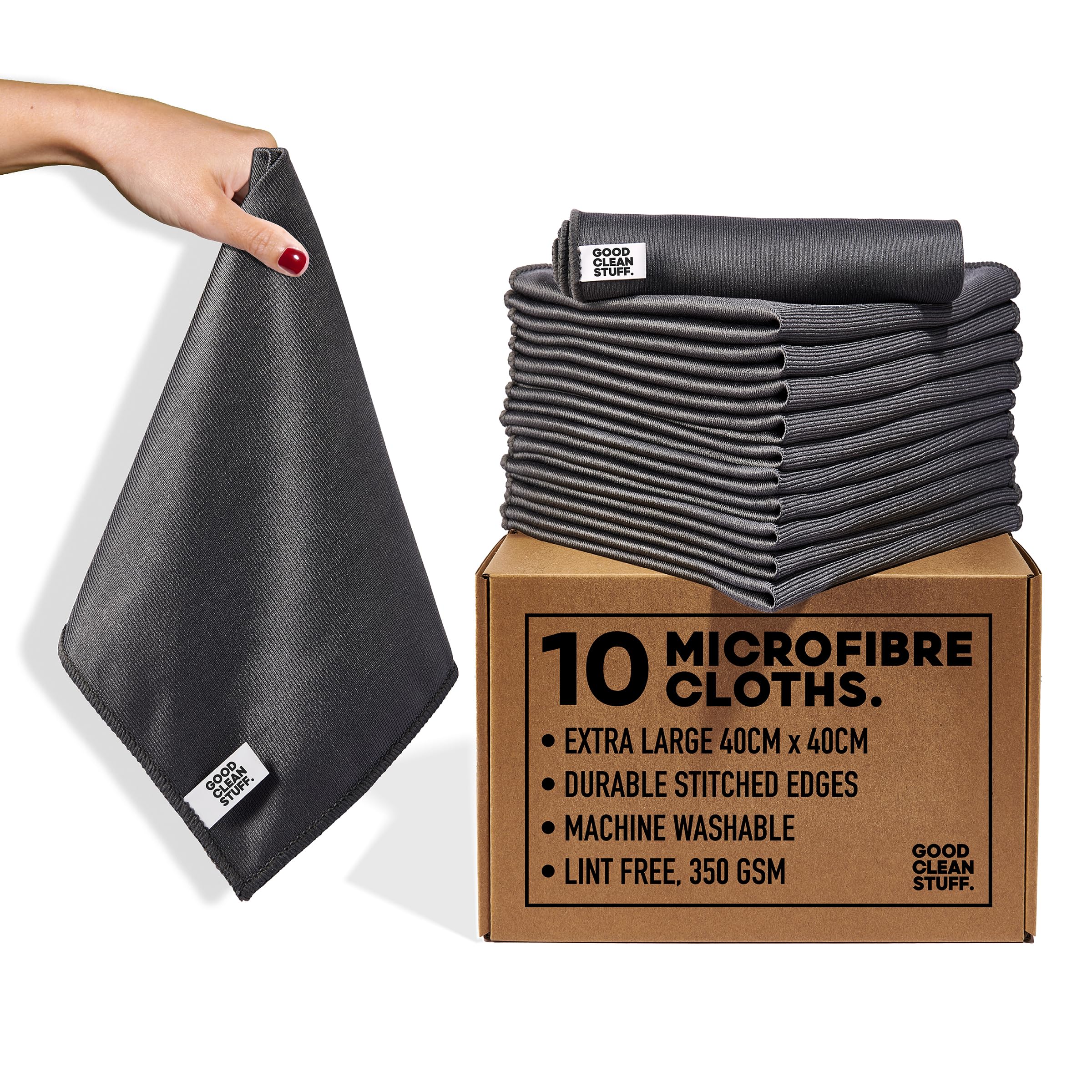 Good Clean Stuff. 10 Large Microfibre Cleaning Cloths, All-Purpose Surface Microfibre Towel, 40 x 40 cm Streak Free Reusable Cloth for Kitchen, Glass, House, Bathrooms, Pack of 10,