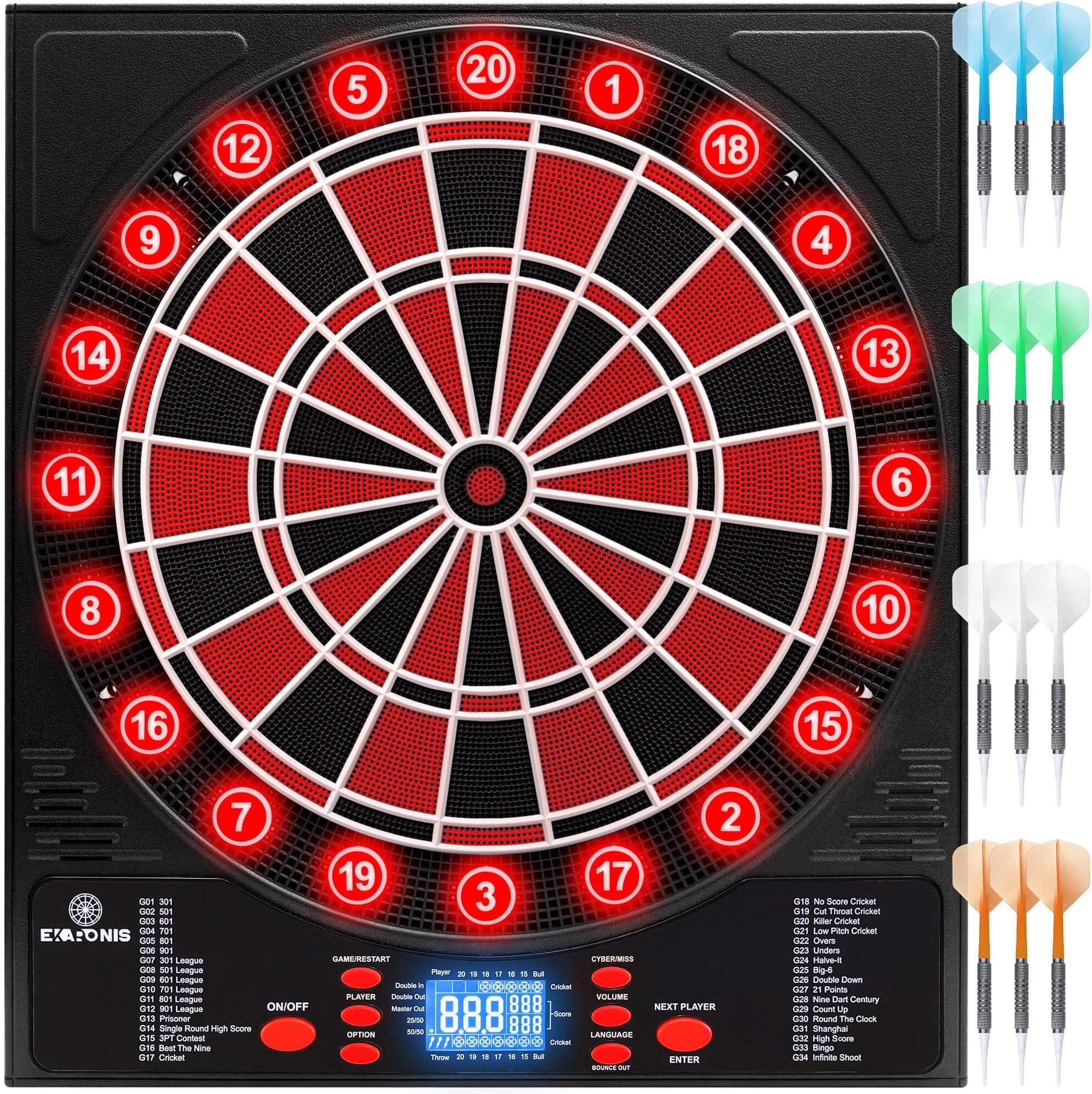Electronic Dartboard 34 Games 355 Variations with 12 Darts Illuminated Dartboard Dart Storage for 12 Darts