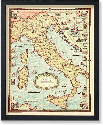 Poster Master Póster vintage de mapa  Impresión retro de Italia  Arte de mapa pictórico histórico  Regalo ideal para profesores, estudiantes,
