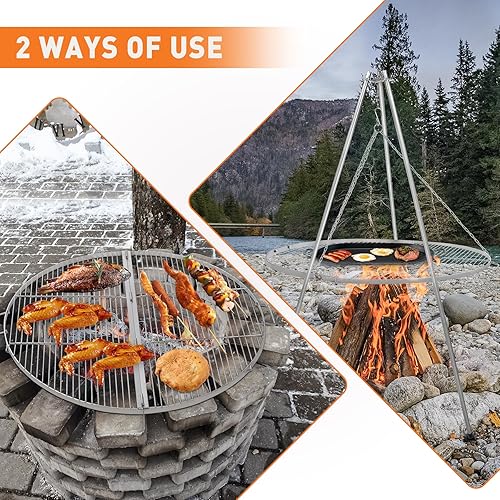 Miniatura 3 de Lineslife Parrilla para fogata portátil, parrilla de acero inoxidable plegable redonda con asas, parrilla de barbacoa para fogata al aire libre para