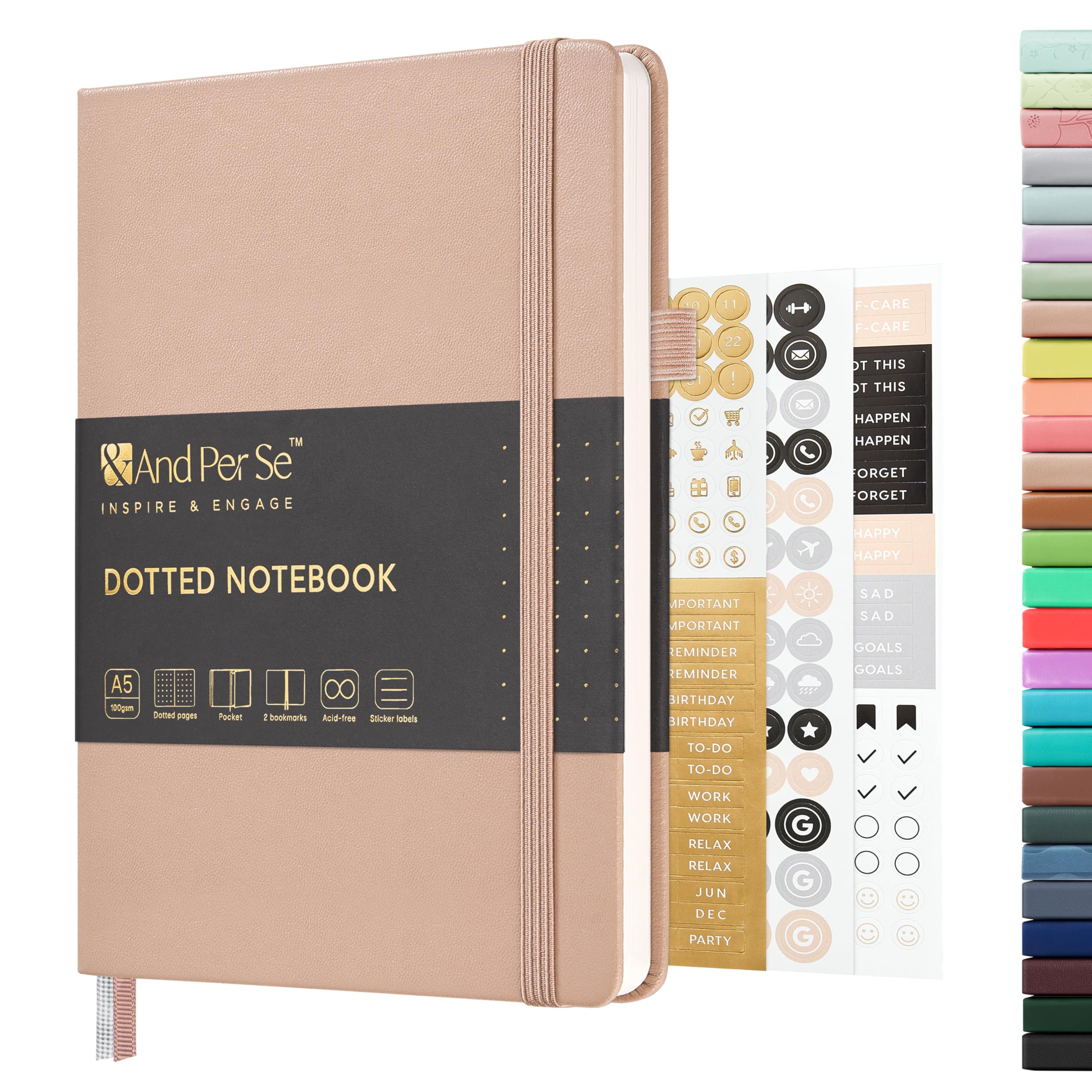&And Per Se Dotted Journal Notebook, A5 Hardcover Leather Bullet Dotted Journal, 160 Pages 100 gsm Thick Paper，3 Sheets of Stickers Included - 5.7'' x