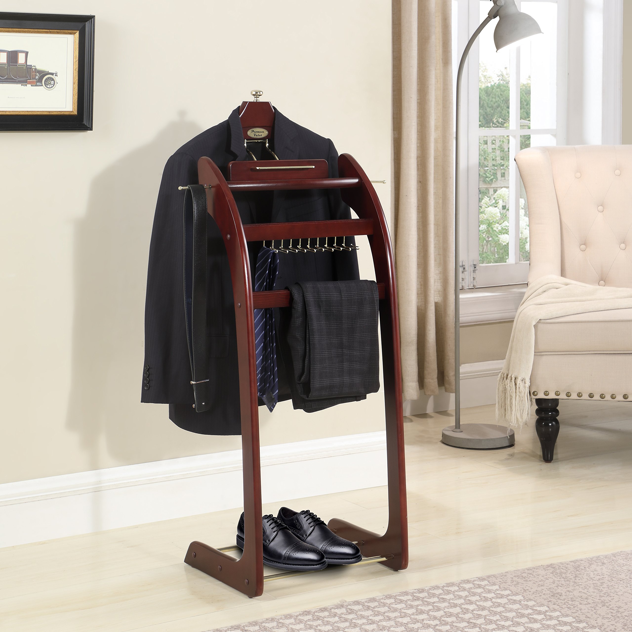 Proman Products Windsor Signature Valet Stand VL16158 with Tray Detachable Contour Hanger Trouser Bar Tie Rack 13.5 W x 16.5 D x 45 H Dark Mahogany product thumbnail 4