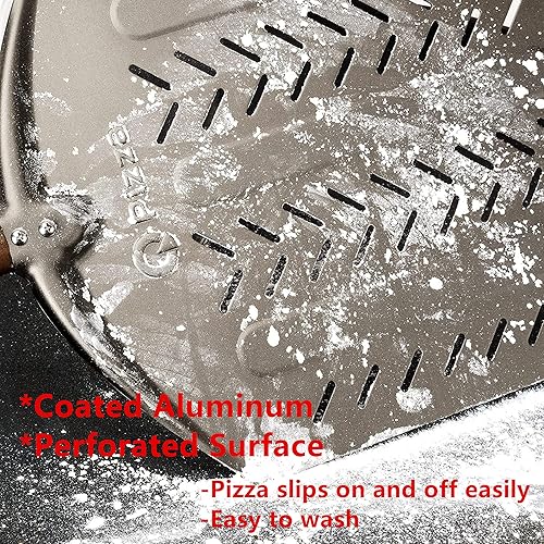 Miniatura 8 de Q Pizza Pala redonda de aluminio perforado de 12 x 14 pulgadas para pizza, dorado, aluminio, antiadherente, fácil de limpiar, adecuada para todas