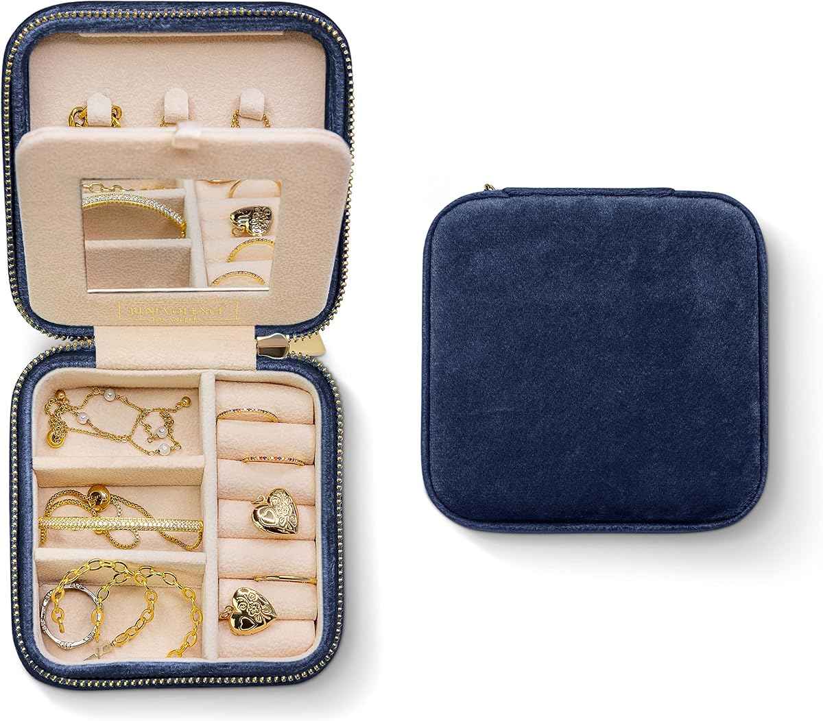 Benevolence LA Presentado en Oprah's Favourite Things Joyero de viaje de terciopelo de felpa - Estuche organizador de joyas con espejo - Regalos de cumpleaños para mujeres - Azul marino