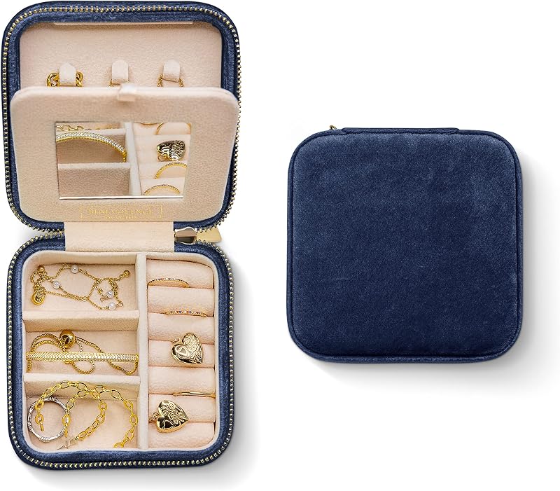 Benevolence LA Presentado en Oprah's Favourite Things Joyero de viaje de terciopelo de felpa - Estuche organizador de joyas con espejo - Regalos de cumpleaños para mujeres - Azul marino