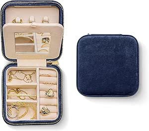 Benevolence LA Plush Velvet Travel Jewelry Case Organizer with Mirror - Navy Blue