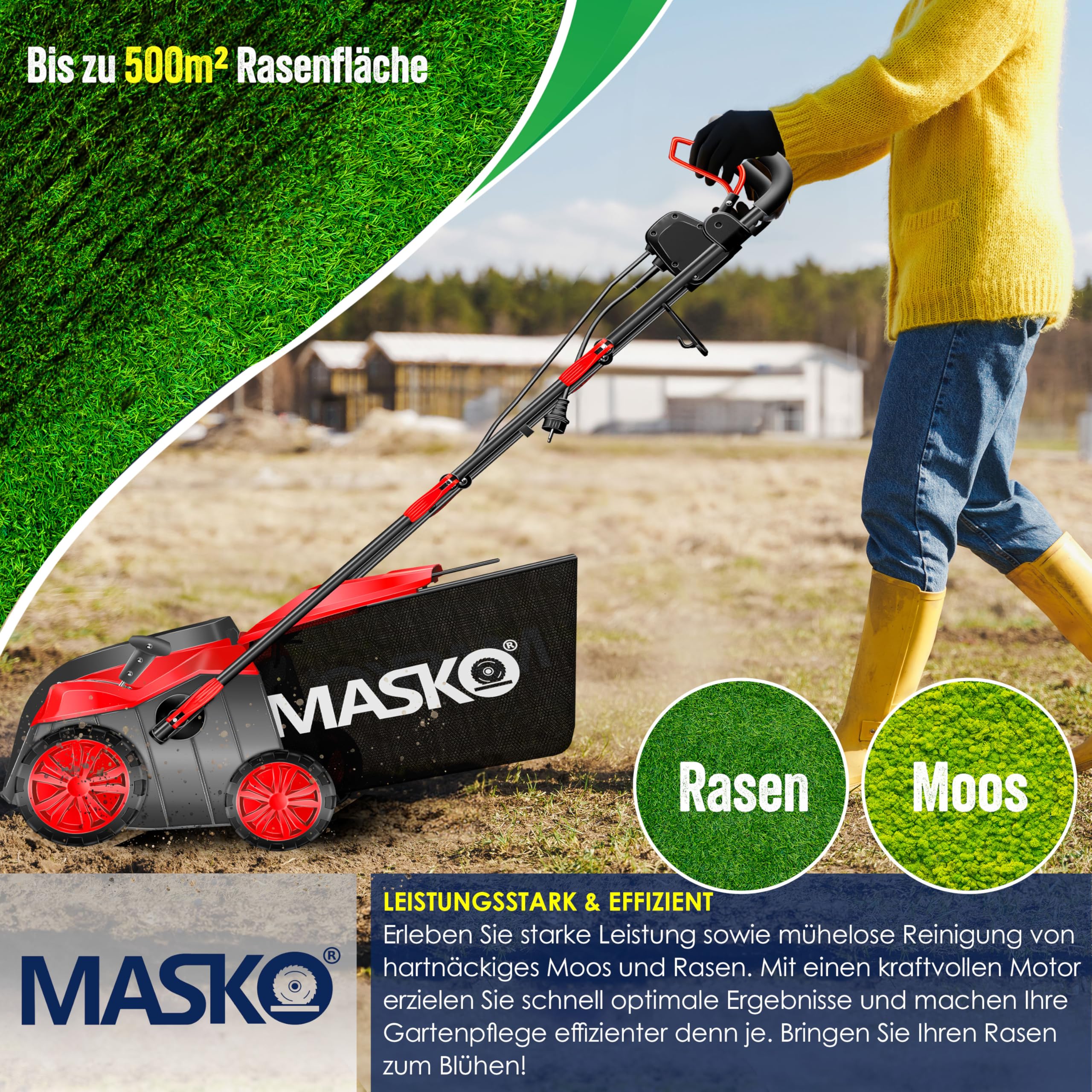 MASKO® Scarificateur électrique 2 en 1 Aérateur de gazon 1 800 watts largeur de travail 40 cm bac de ramassage 55 L incluant rouleau de ventilation aérateur démousseur, profondeur de travail, rouge