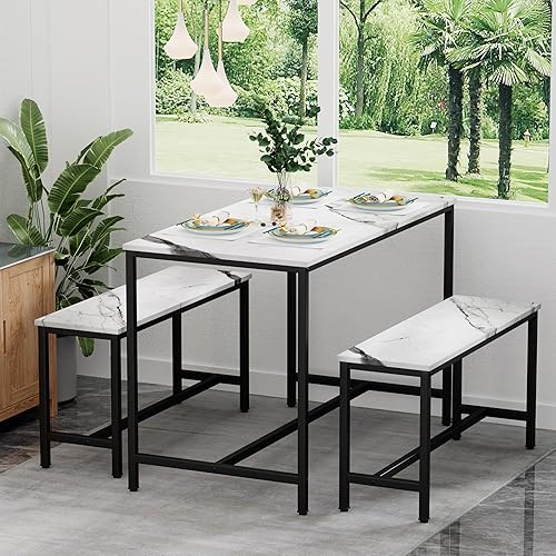 Miniatura 2 de Yongchuang Juego de mesa de comedor de cocina de 44 pulgadas para 4, mesa de cocina de 3 piezas con 2 bancos para comedor, espacio pequeño, mesa