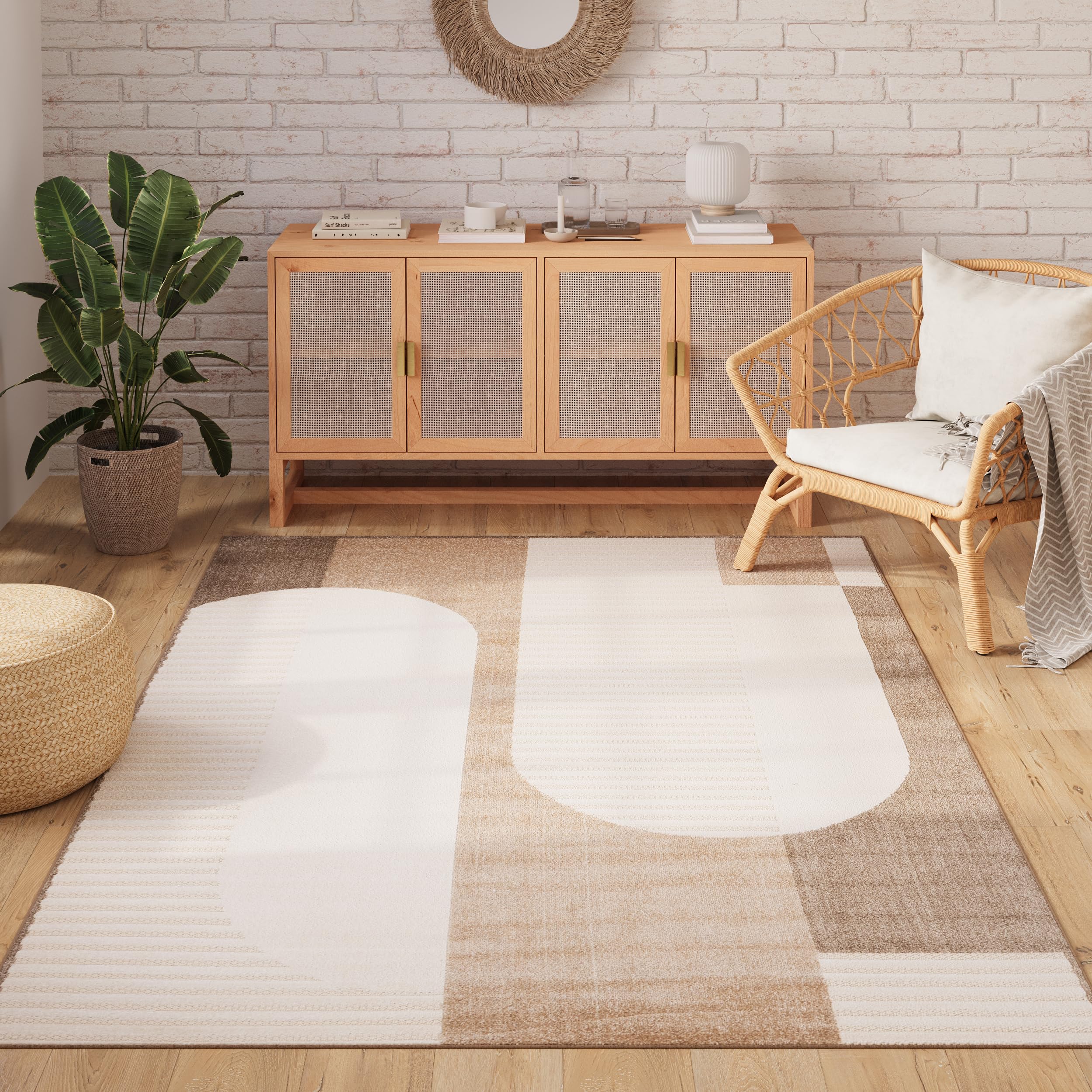 TAPISO Patio Tappeto Salotto Esterno Pelo Corto Design Moderno Motivo Geometrico Astratto Effetto 3D Beige Marrone Sala Camera Terrazza Balcone Outdoor Indoor Oeko-Tex 300 x 400 cm