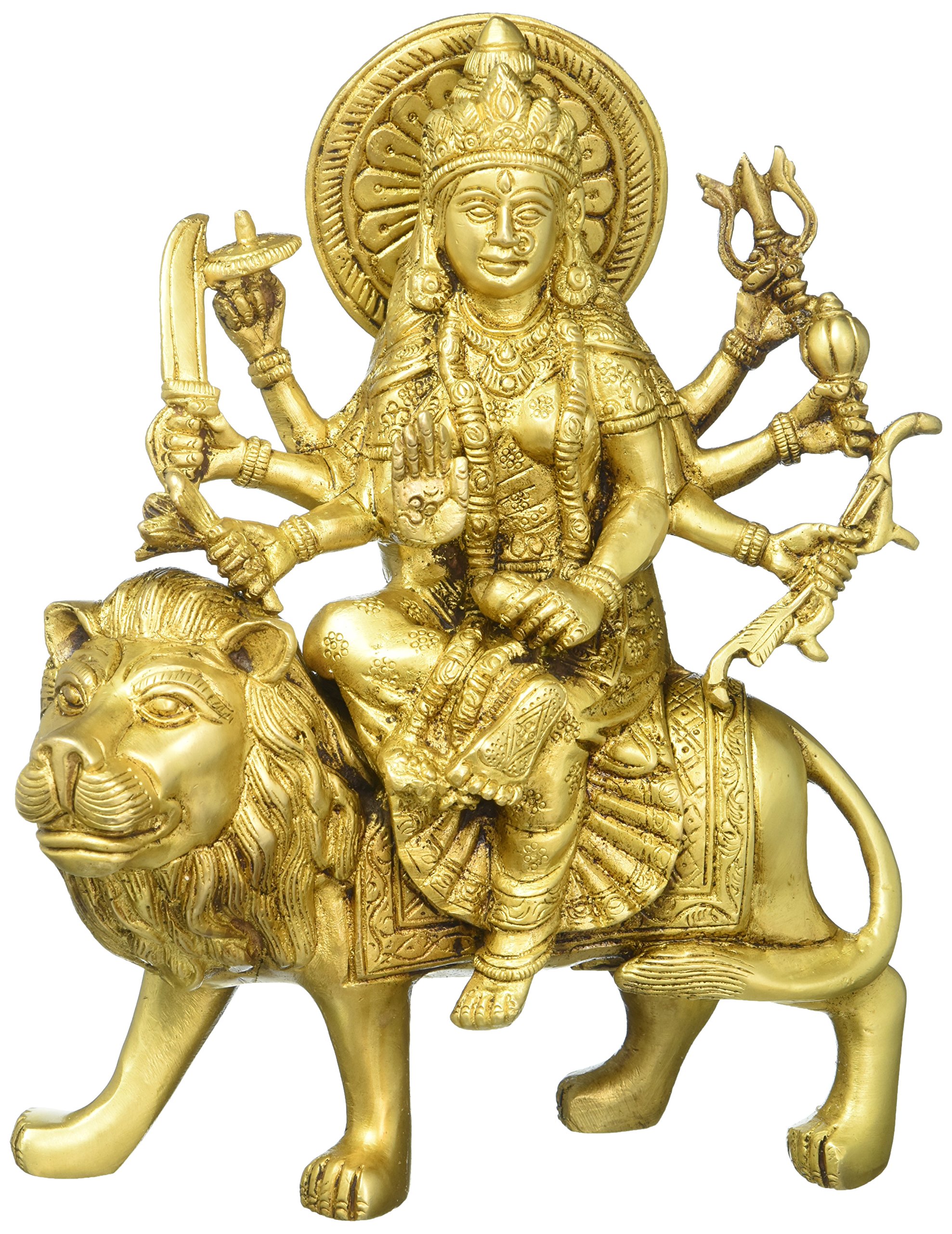 Figurine Durga sur tigre laiton 21cm Maa Ashtabhuja dore