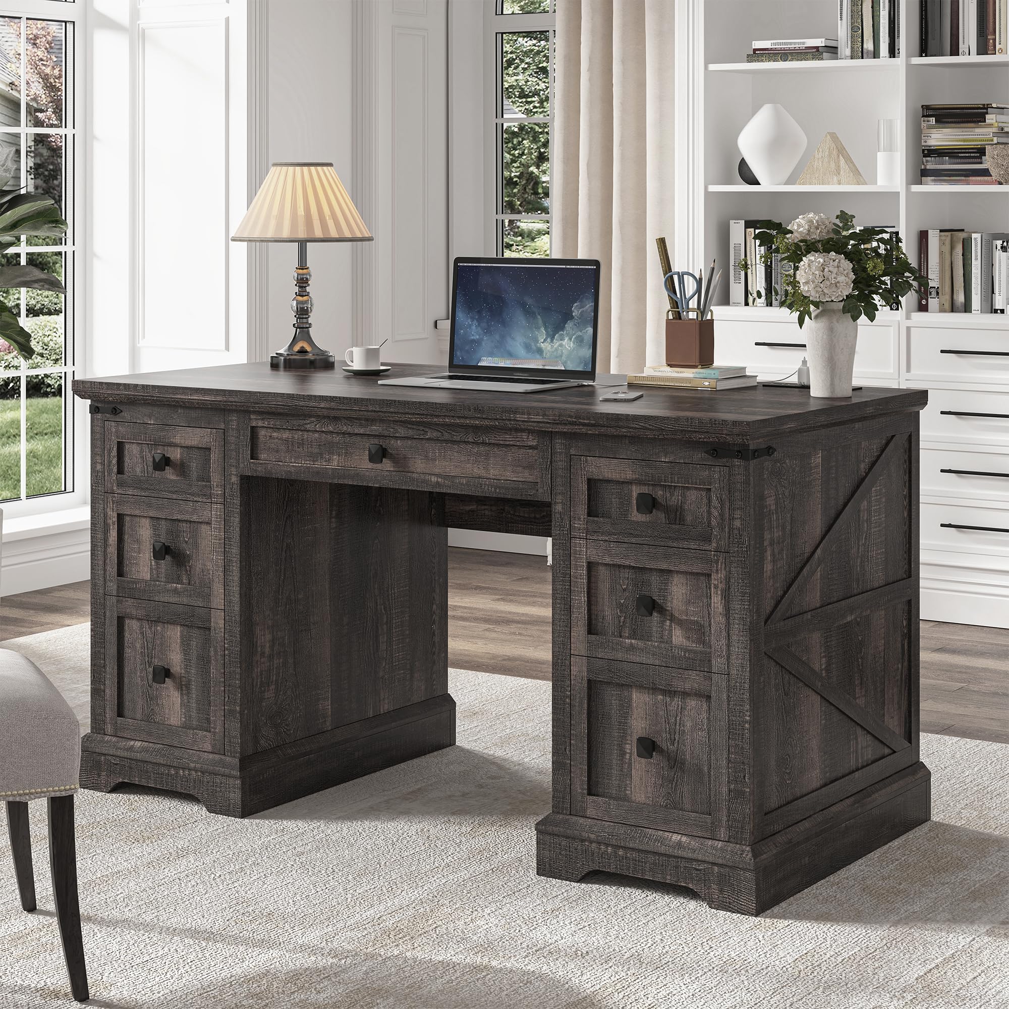 EnHomee 58" W Farmhouse Executive Desk with Drawers, Wood Home Office Desks with Power Outlets, Rustic Computer Desk with Storage Cabinet for Working,
