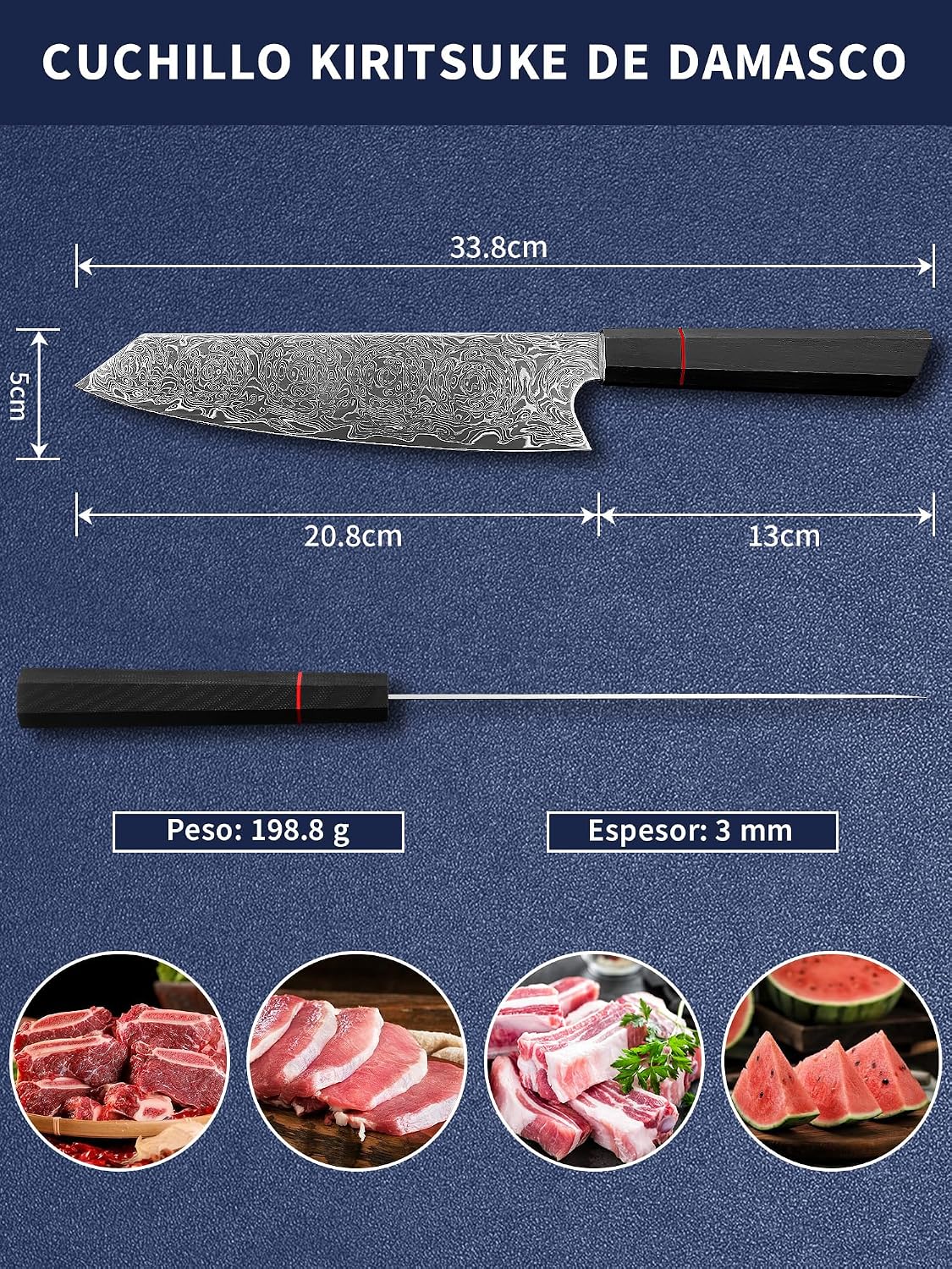 Plys Cuchillo Damasco Kiritsuke Cuchillo de Cocina Japons Afilado: Cuchillo de Acero Damasco de 20 cm - Vegetal, Profesional, Mango de Madera Negro