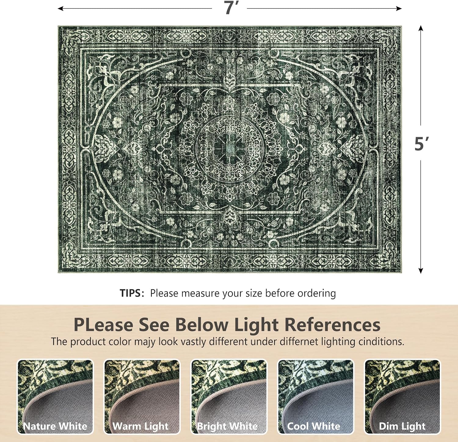 Asrug Vintage 5x7 Area Rugs for Living Room, Green Non Slip Rugs for Bedroom, Indoor Throw Dining Room Rugs for Under Table Carpet for Kitchen Office, Green, 5x7 Feet
