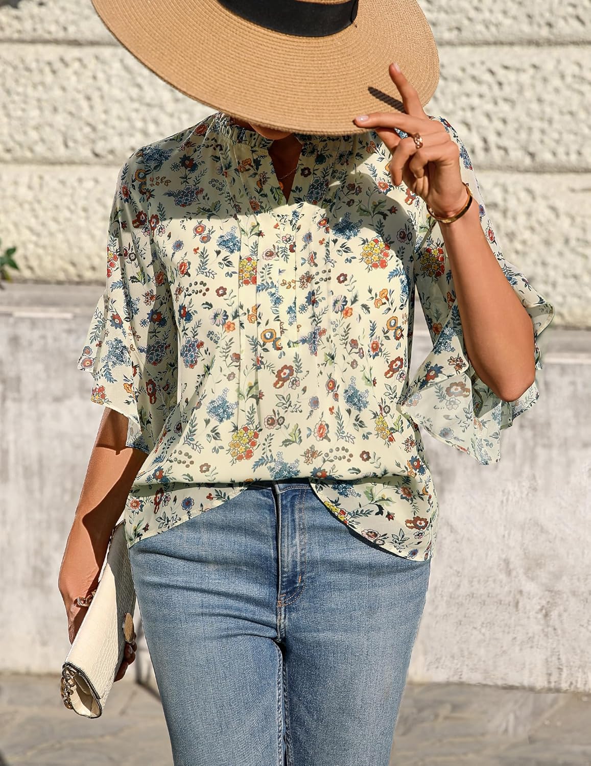 Women's 3/4 Sleeve Tops Dressy Casual V Neck Ruffle Sleeve Chiffon Blouses Shirts - Image 6