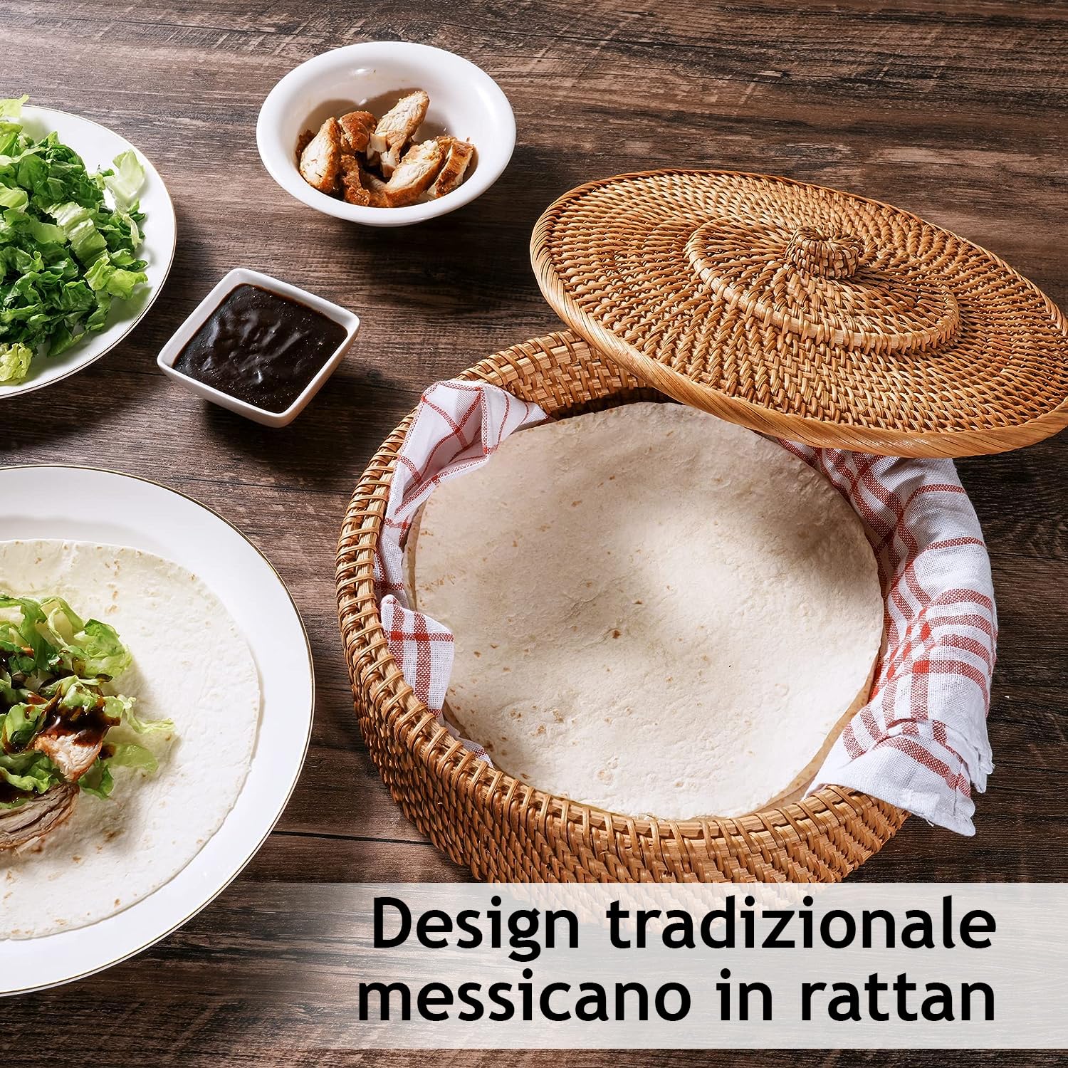 Tortillada - Scaldatortillas 26 cm Rattan – Cestino Pane Fatto a Mano per Tortillas, Wrap e Pane Piatto – Con Panno in Cotone, Mantiene il Cibo Caldo
