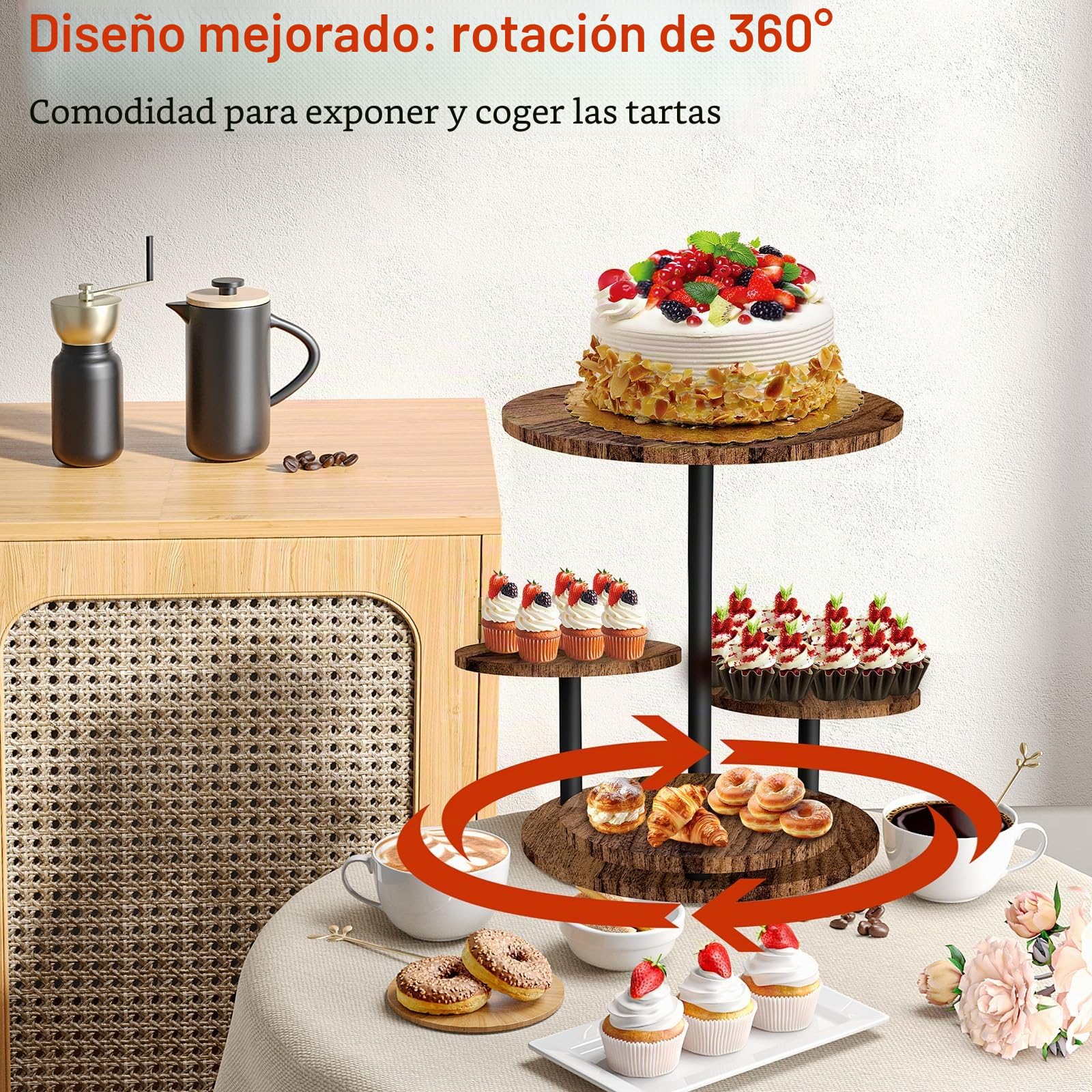 Cupcake Woods Floor, expositor giratorio de 360° para cupcakes de 4 pisos con forma de flor, que puede utilizarse como frutero o bandeja, fácil de montar para fiestas, bodas y festivales