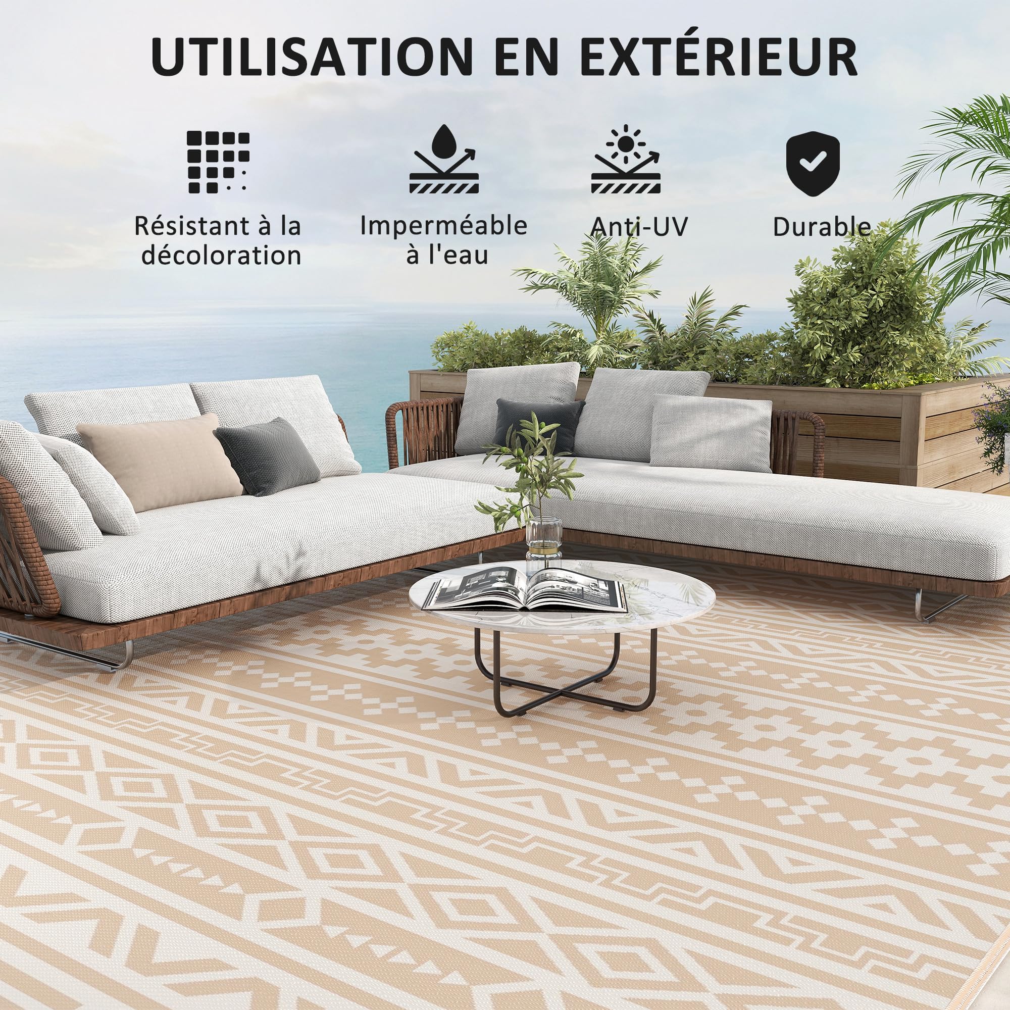 Outsunny Tapis d'extérieur réversible 3,7 x 2,7 m, Tapis de Sol au Motif Mur géométrique en PP résistant aux intempéries, Sac de Transport Inclus, Tapis extérieur terrasse, Kaki et Beige Clair