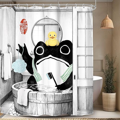 Miniatura 15 de LGhtyro Cortina de Ducha Divertida de Rana Juego de Baño 60Wx71H Pulgadas Retro Lindo Animal Asiático Estilo Tradicional Japonés Fideos Sombrero de