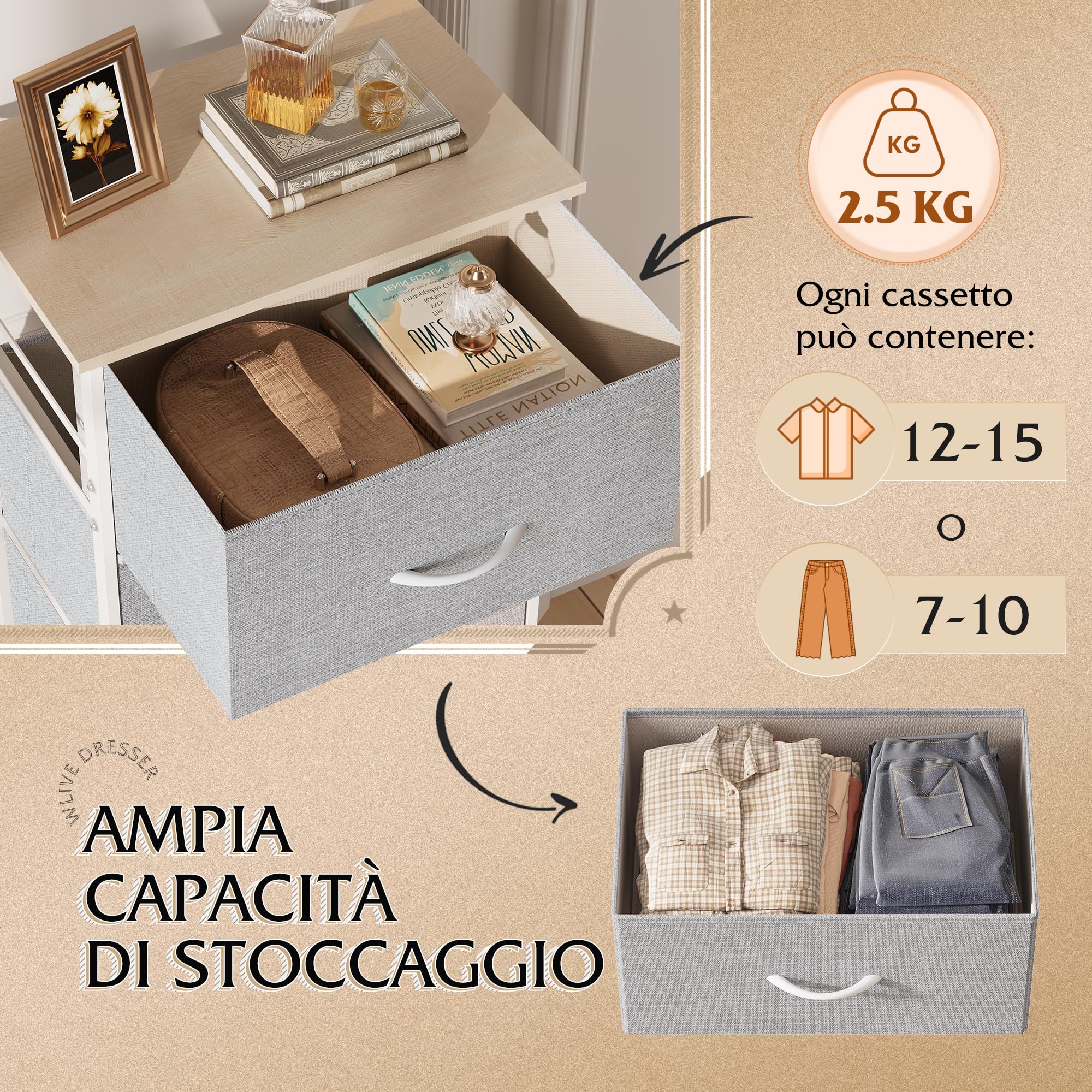 Cassettiera In Tessuto 3 Cassetti Grigia - Armadio Per Camera, Soggiorno, Corridoio | Organizzazione Prattica - Foto 9