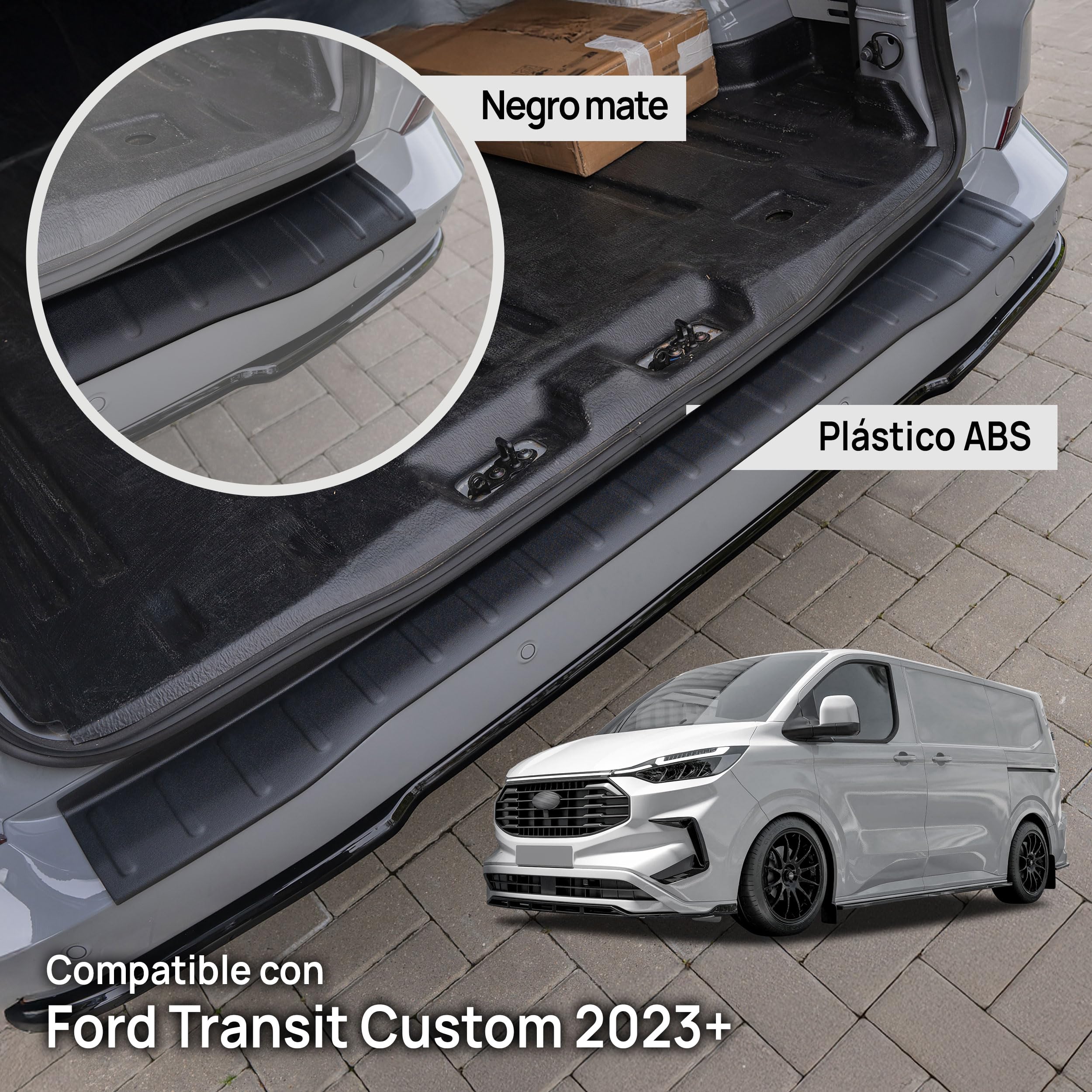 CHROMEMASTER | Protector de Parachoques Trasero Compatible con Ford Transit Custom 2023+; Plástico ABS, Mate, Negro; Tira Protectora Protege la Pintura del Parachoques Trasero de Daños