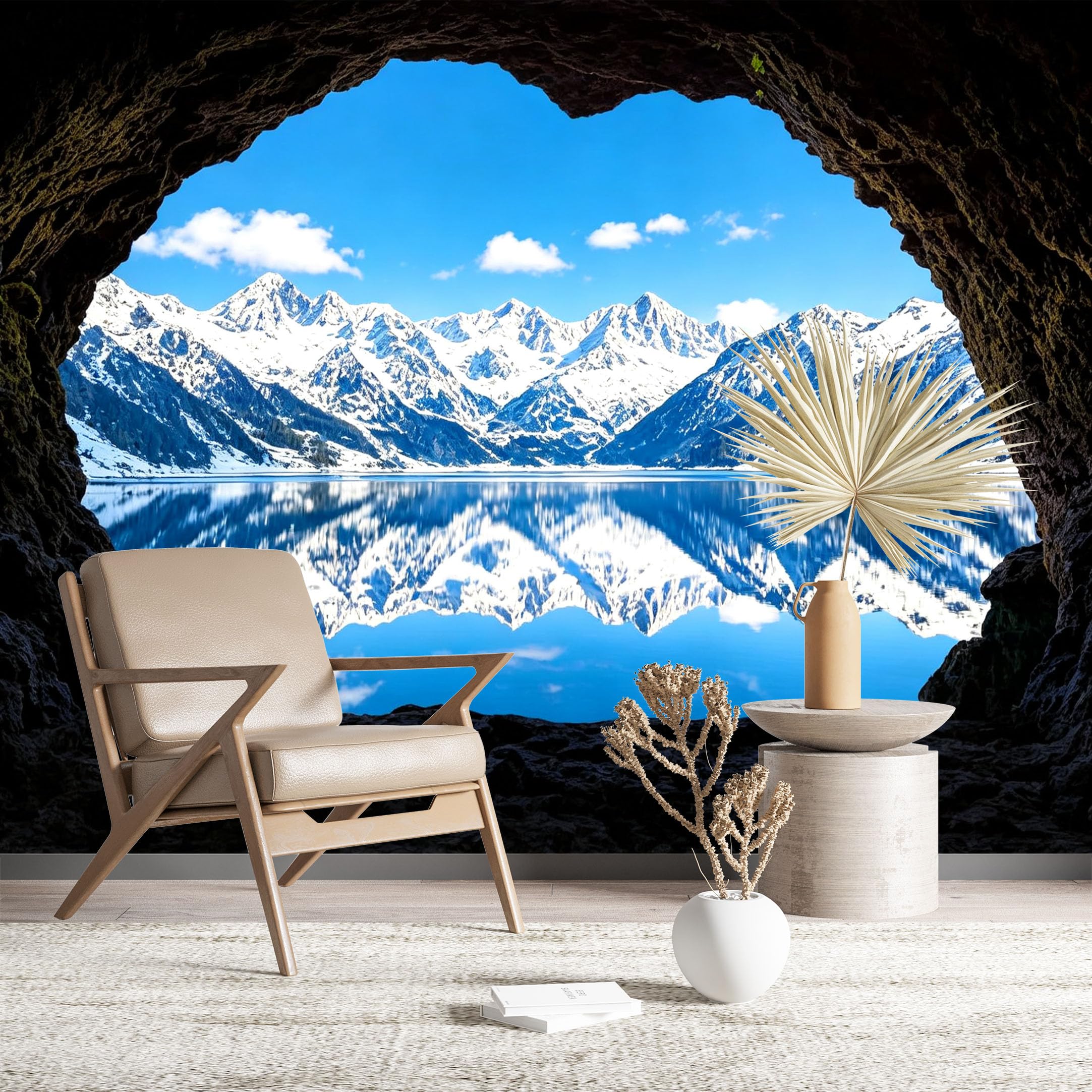 Custom Size Wall Murals Snowy Mountain Lake Cave View Wall Murals Nature Wallpaper Wall Covering Fabric Self-Adhesive Removable Wallpaper for Living Room Bedroom