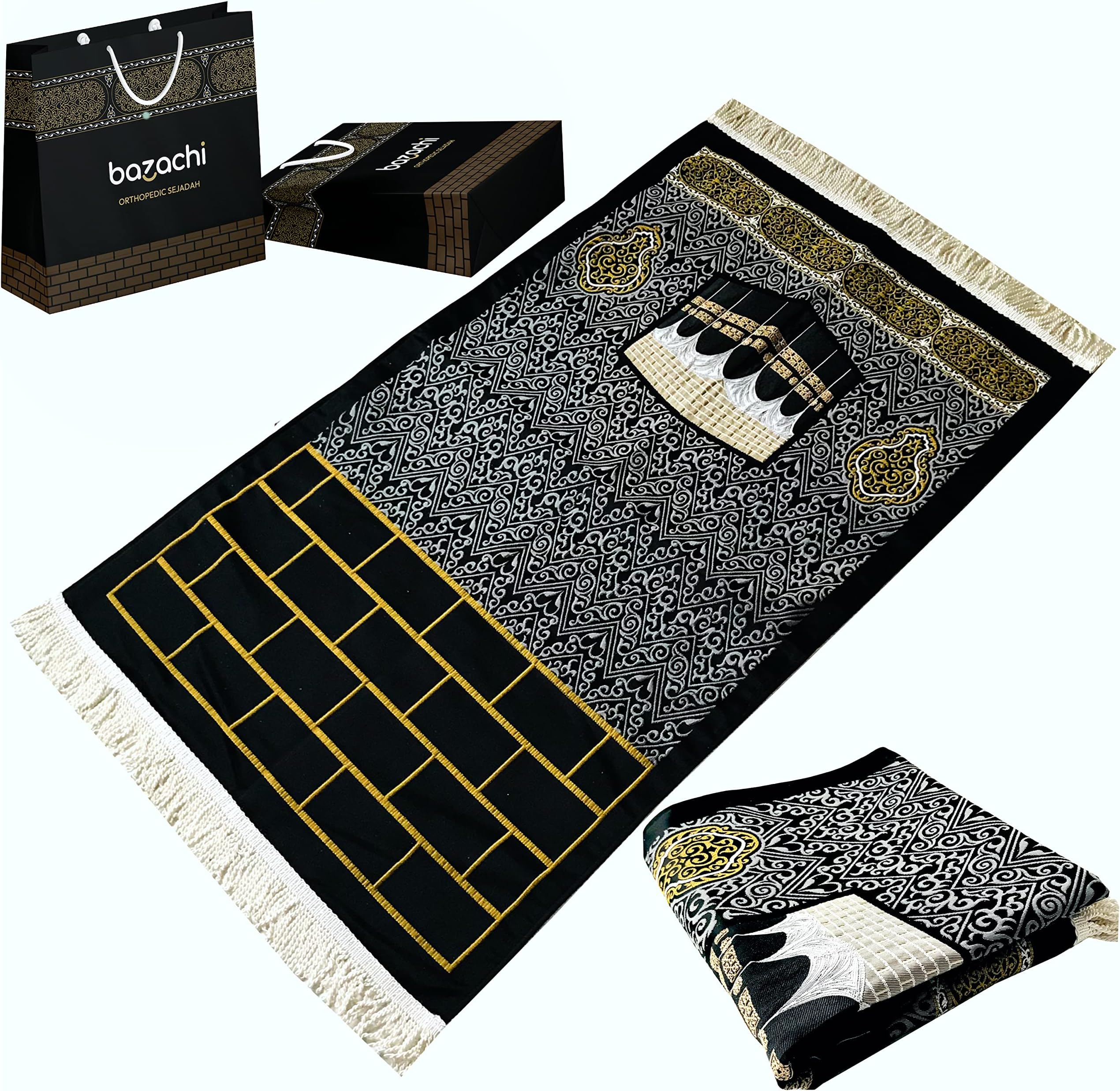 K'ba Pattern Lined Prayer Rug (750g) | Large Size Muslim Prayer Mat | Woven K'ba Embroidered Janamaz | Size: 125 x 70 cm -Black