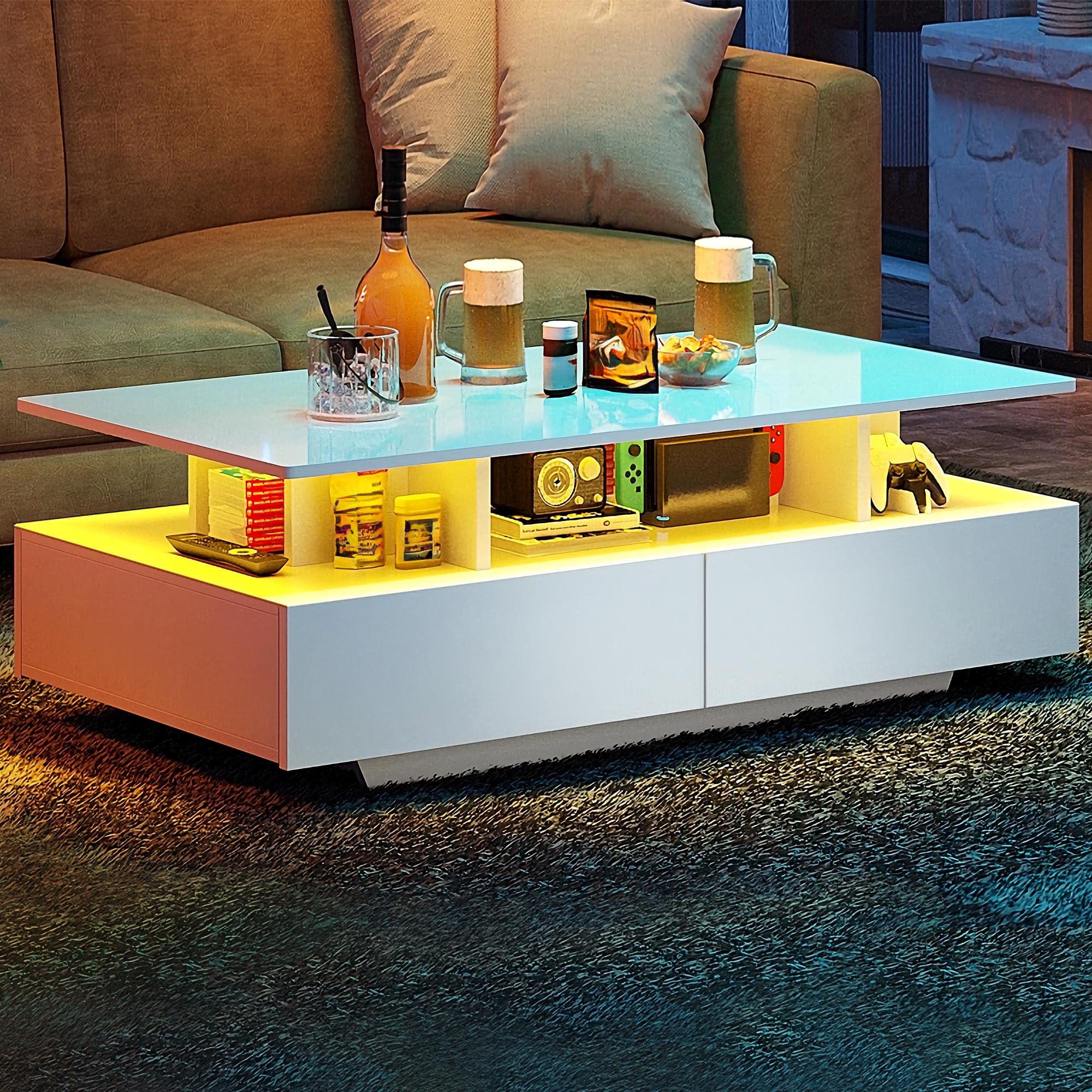 YITAHOME Mesa de Centro con 16 Colores LED para Sala, Mesa Cafe Madera con Estante Abierto y 4 cajones, Mesa de Centro Blanca Moderna