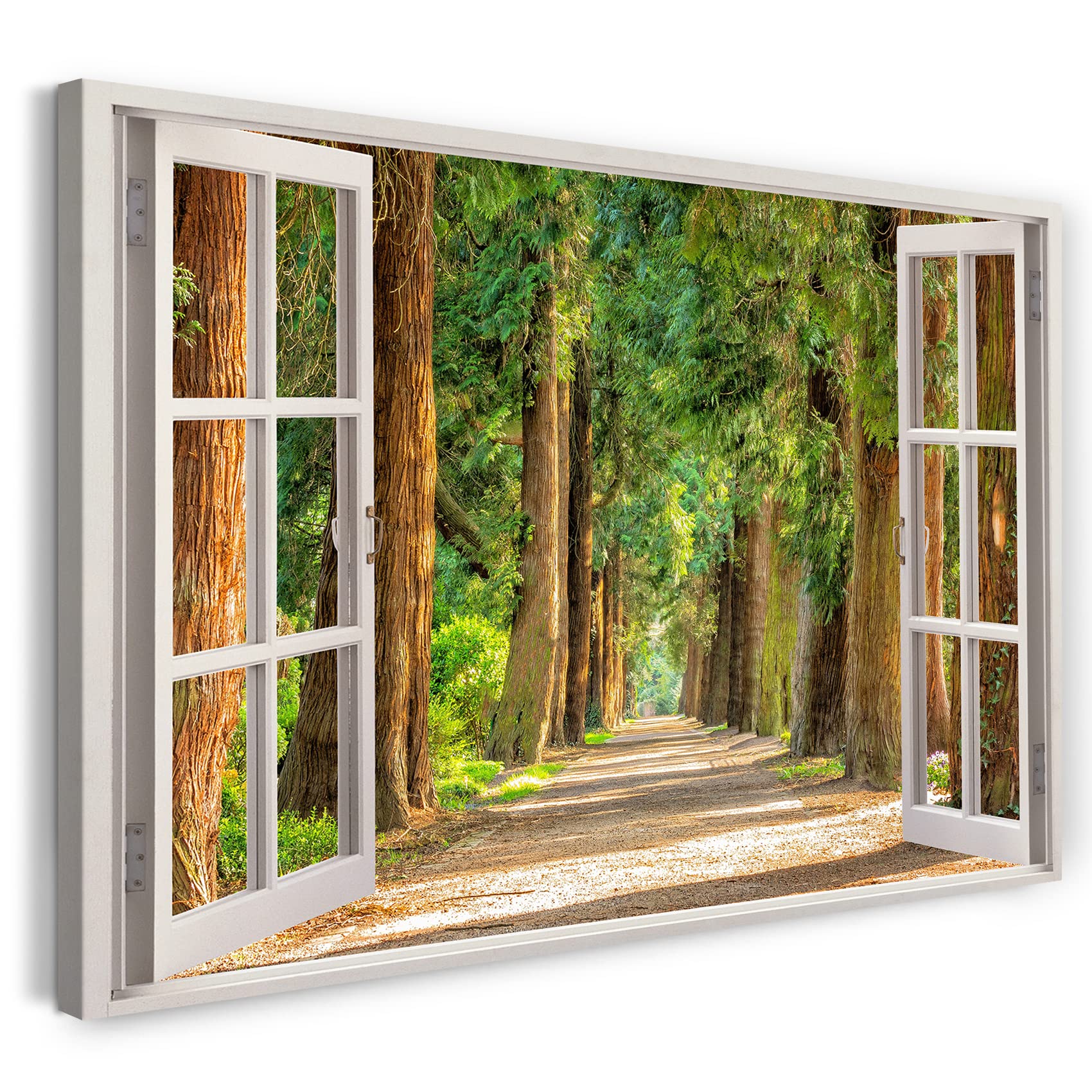 Print on Canvas (120x80 cm) view from the window - path in the forest trees sun plants - nature photography, real wood frame with hook
