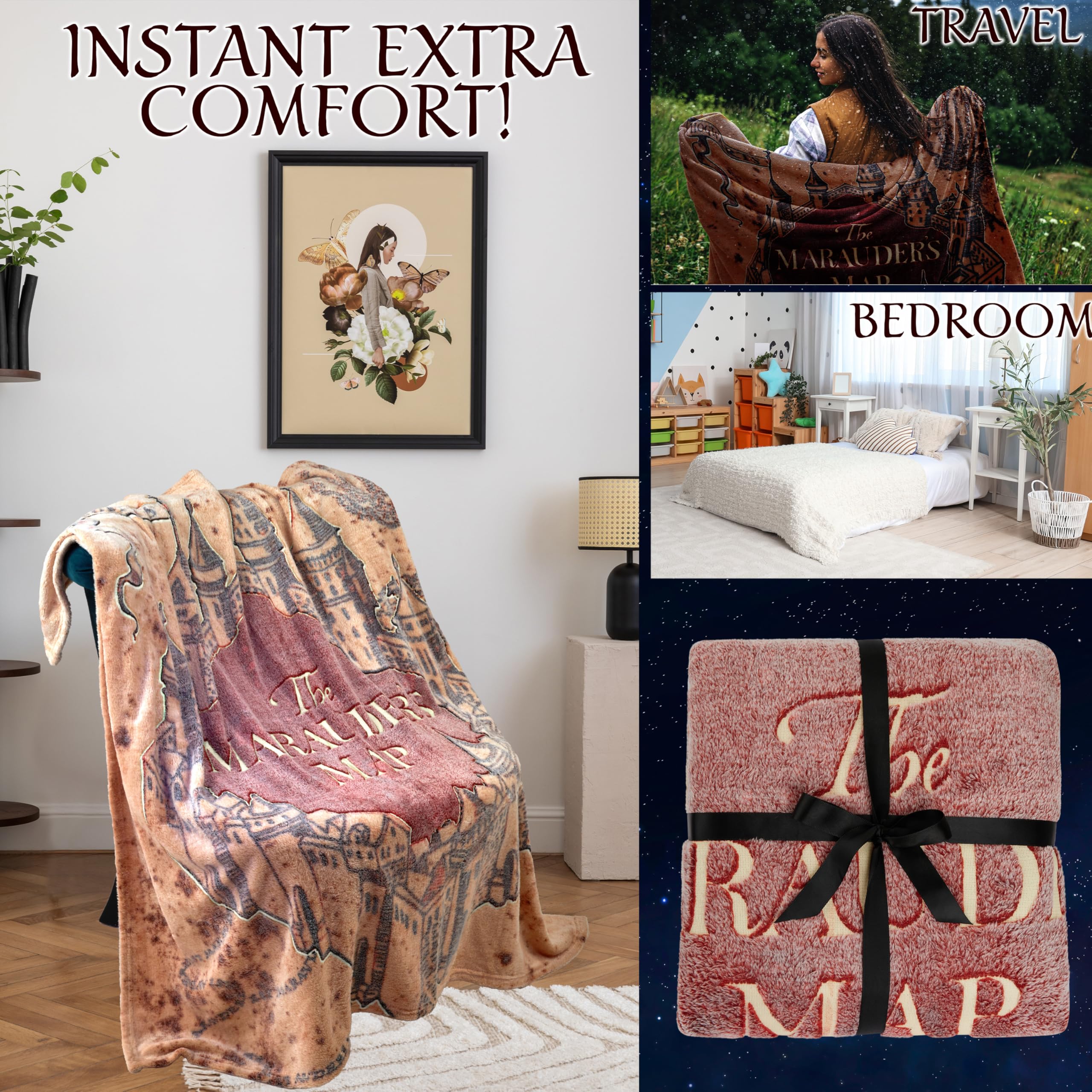Harry Potter Coperta Che Si Illumina al Buio 130x150cm, Marauder’s Map Coperta Plaid Pile Morbide per Divano e Letto, Si Illumina Dopo 10-30 Minuti, Idea Regalo