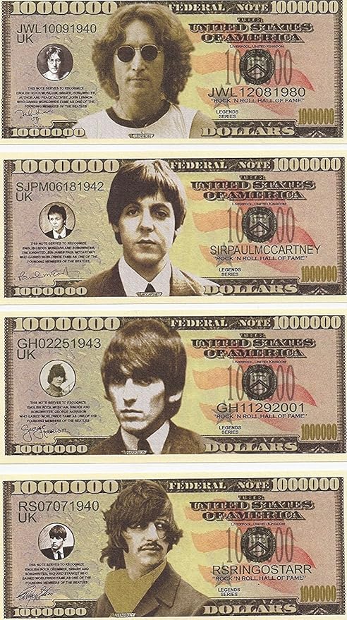 The Beatles $Million Dollar$ Novelty Bills Complete Set of 4