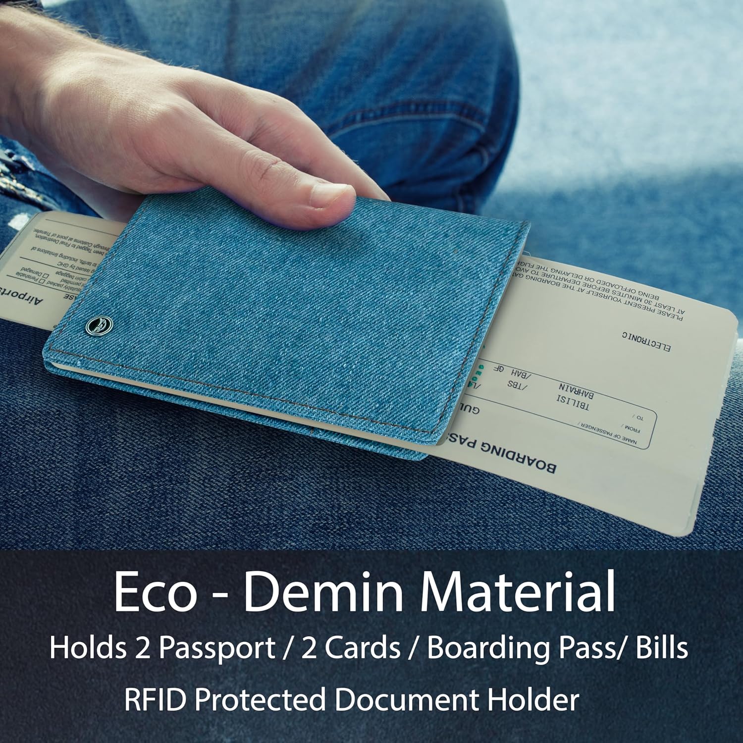 RFID Travel Passport Holder – Slim Credit Card & Document Organizer, Boarding Pass Wallet, Denim Eco Plane Essential Case Cover for Men Women (Blue Denim) - Image 4