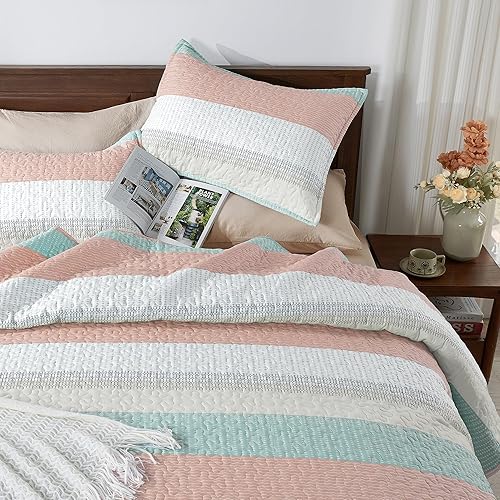 Miniatura 69 de Andency - Juego de ropa de cama Queen, edredón de patchwork azul mineral, 3 piezas, colcha de verano a rayas ultra suave y ligera, juego de 18 -