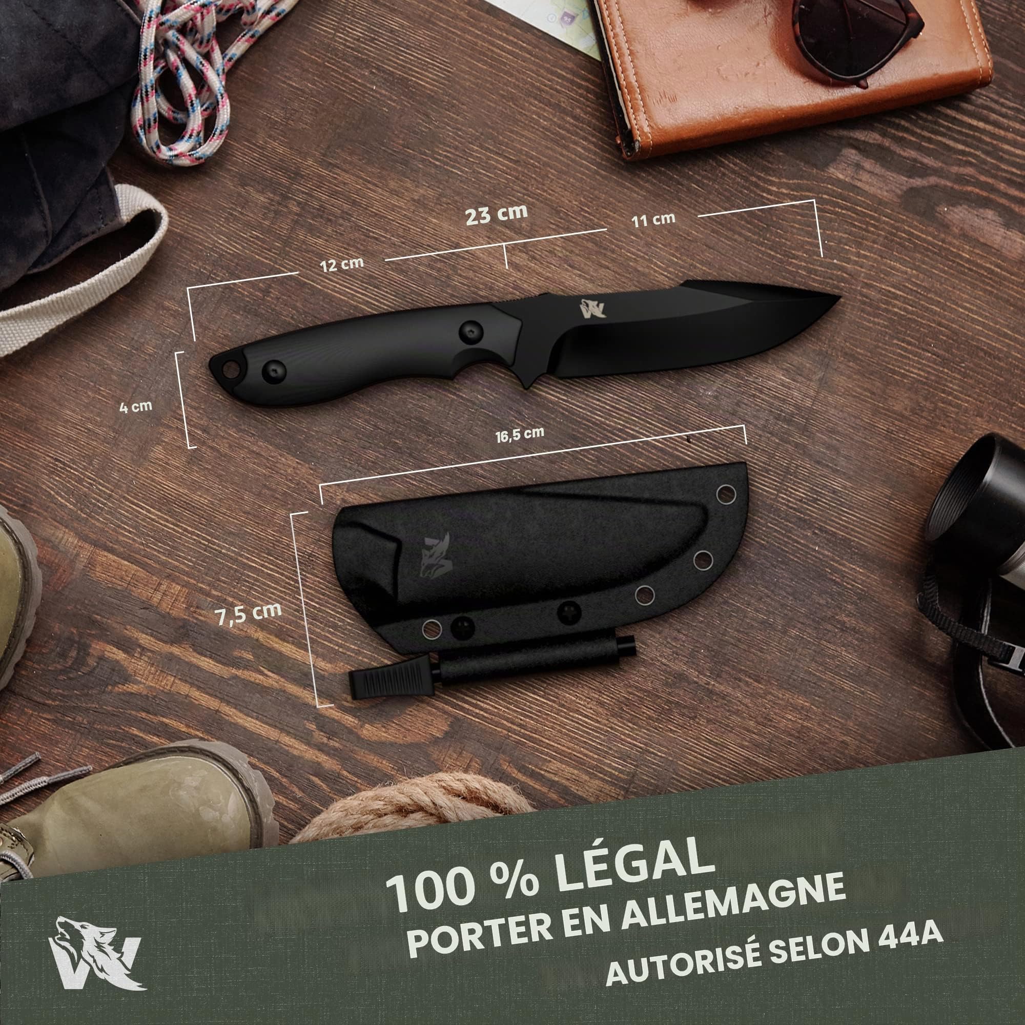 Wolfgangs - Couteau d’extérieur avec étui Kydex - Usiné dans un seul bloc d’acier D2 - Allume-feu et sifflet d'urgence inclus