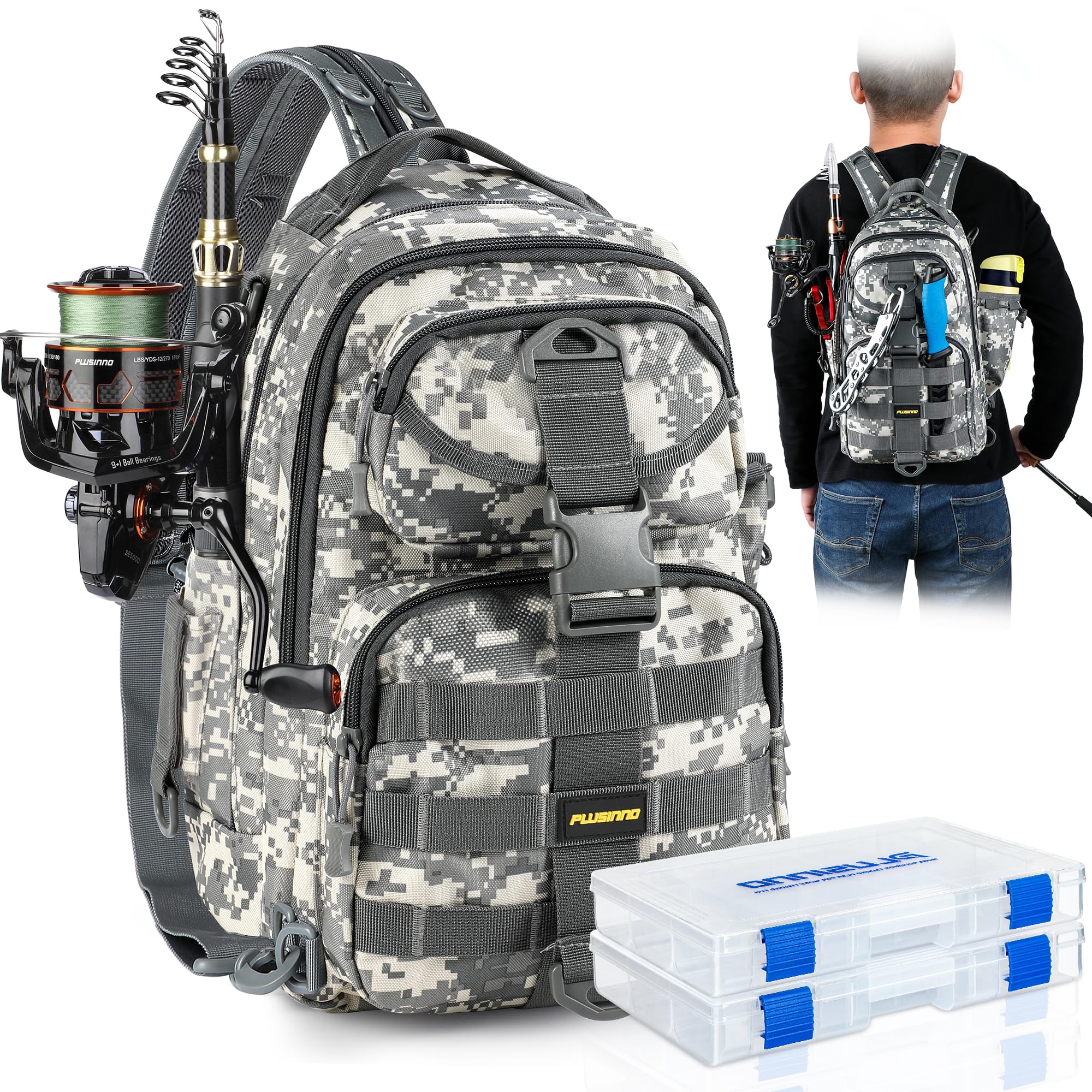 PLUSINNO Fishing Backpack Tackle Bag, Water-Resistant Backpack with Rod Holder, Ideal Gifts for Men