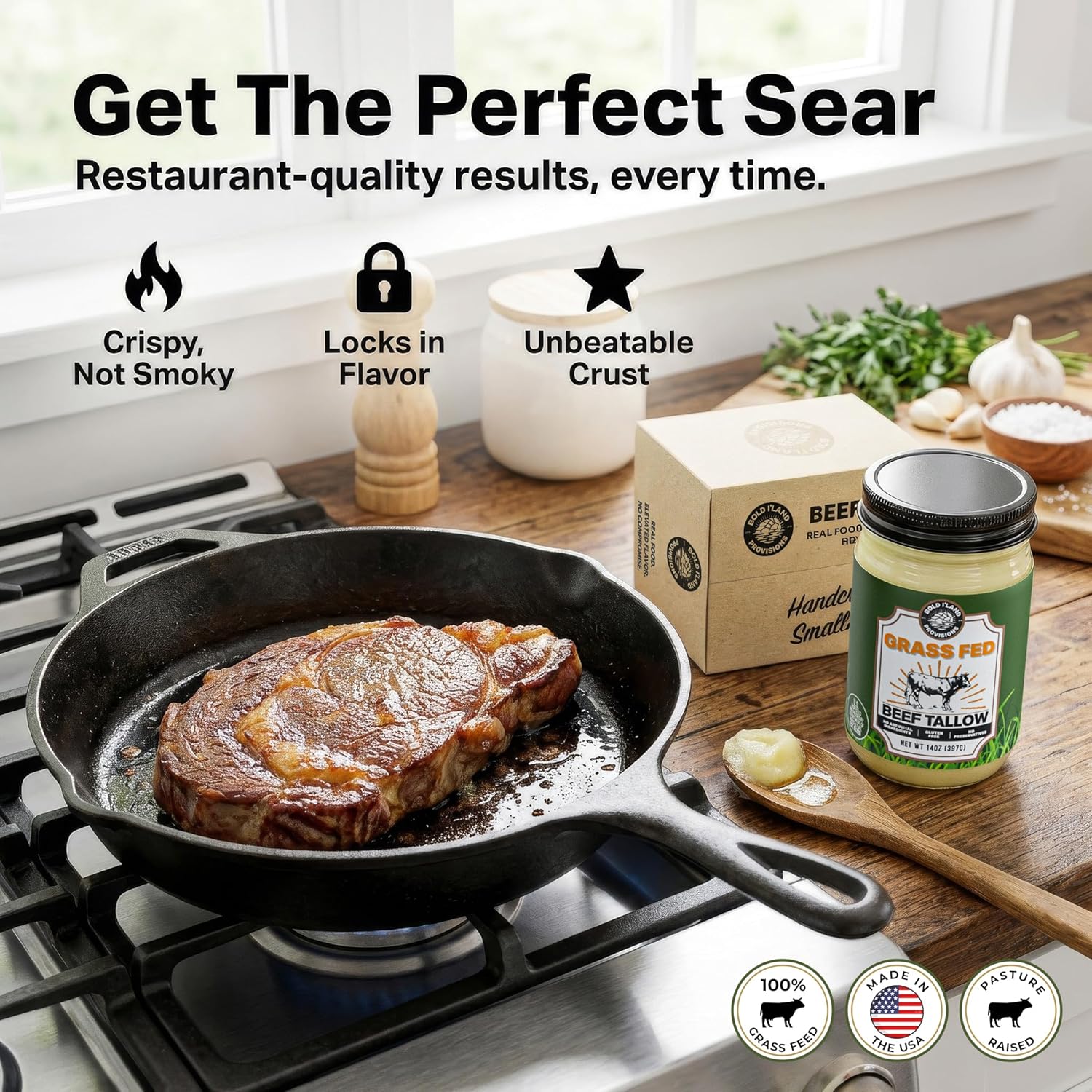 100% Pure Grass Fed Beef Tallow for Cooking – Clean Non-Seed Oil Cooking Fat - Keto and Paleo Diet Friendly – Perfect for Whole 30 – Carnivore Diet – Gluten Free Protein Snacks for Adults – Made in the USA - 14 Ounces
