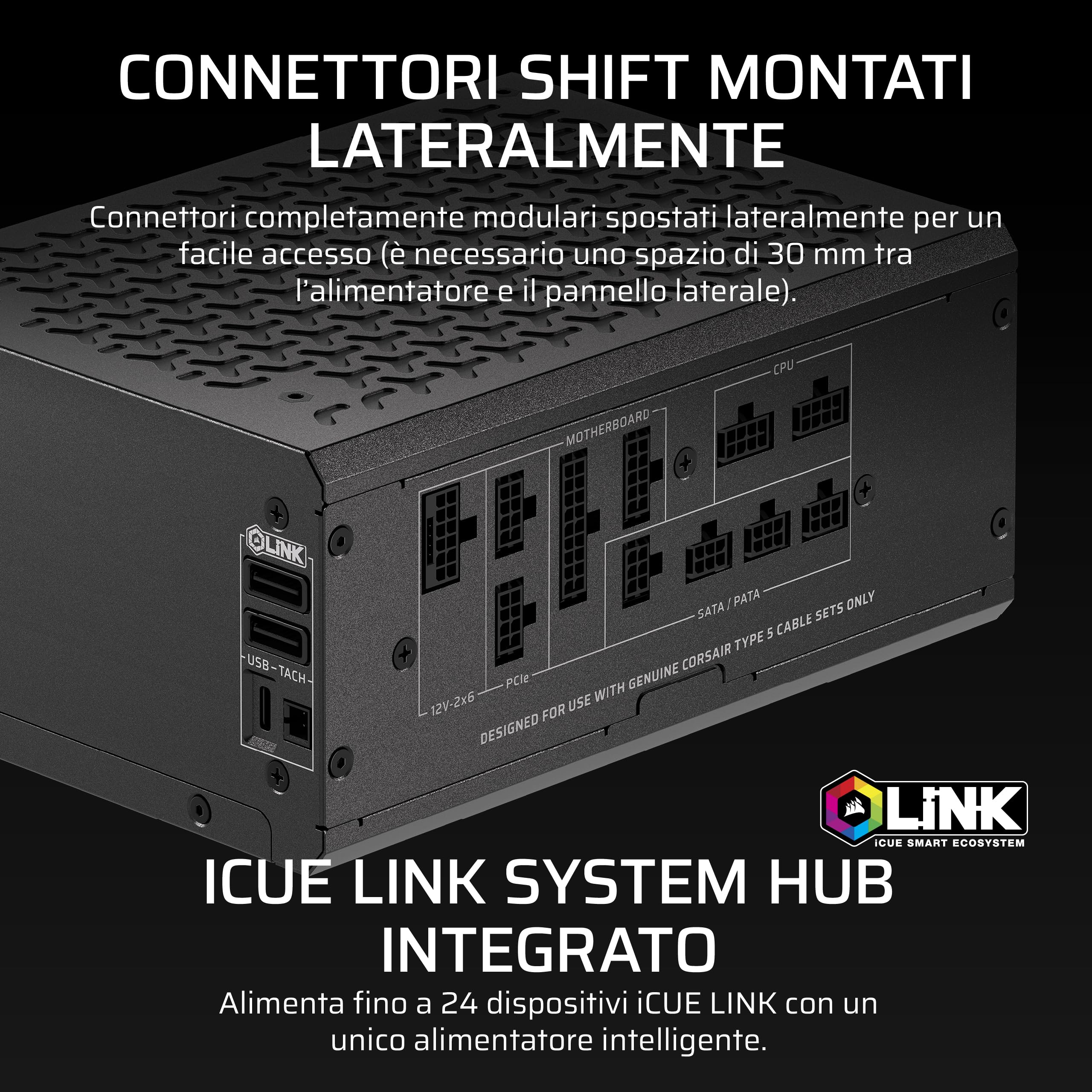 CORSAIR HX1200i SHIFT Alimentatore ATX completamente modulare – Nero | Hub di sistema iCUE LINK integrato, cavo nativo 12 V 2x6, ATX 3.1 e PCIe 5.1, Cybenetics Platinum