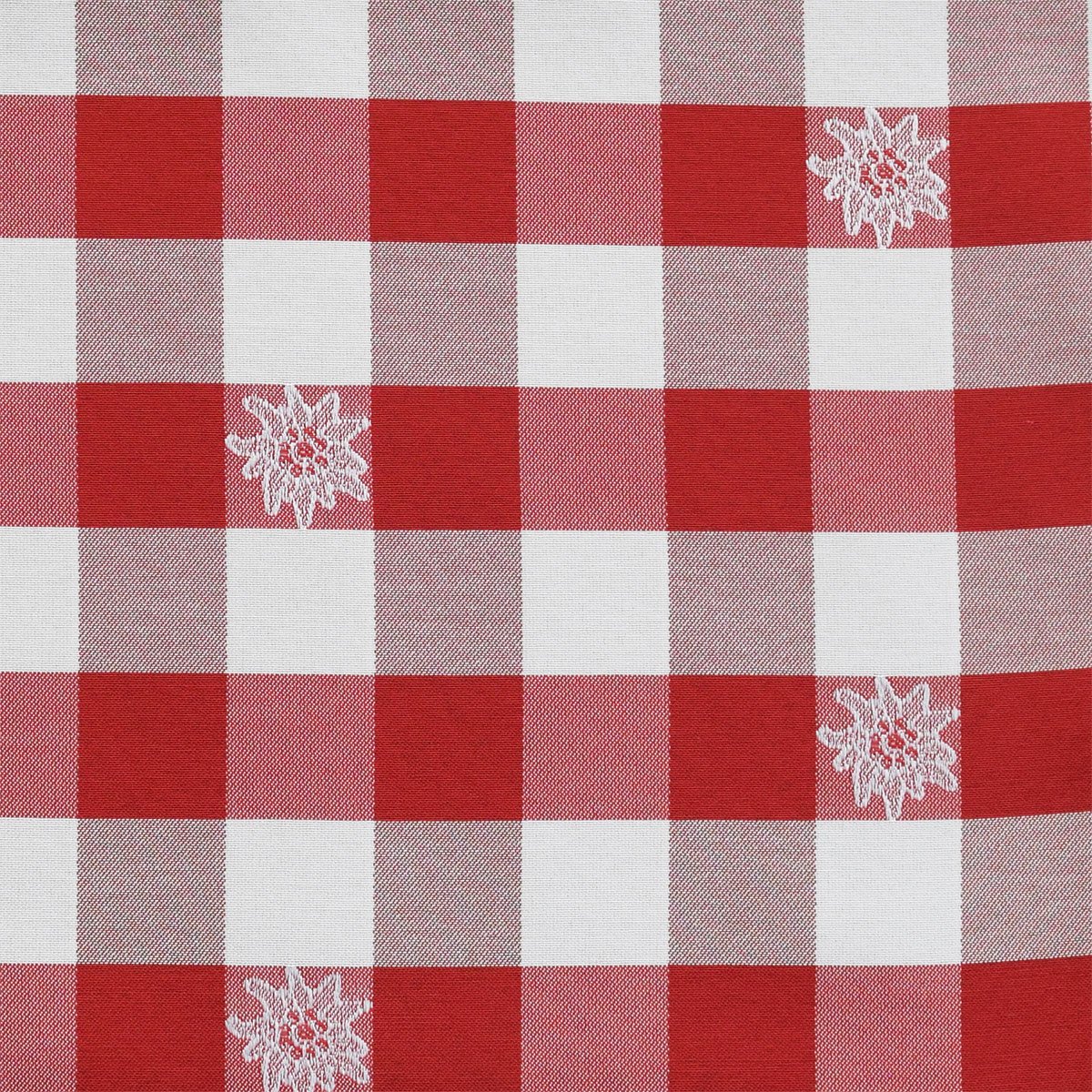 Schlaufen-Dekoschal Karo mit Edelweiß Rot | Landhaus-Vorhang rot-weiß kariert 8 Schlaufen hochwertige Webware | Übergardine für Küche, Esszimmer, Gästewohnung, Kaminzimmer Höhe x Breite 145 x 130 cm