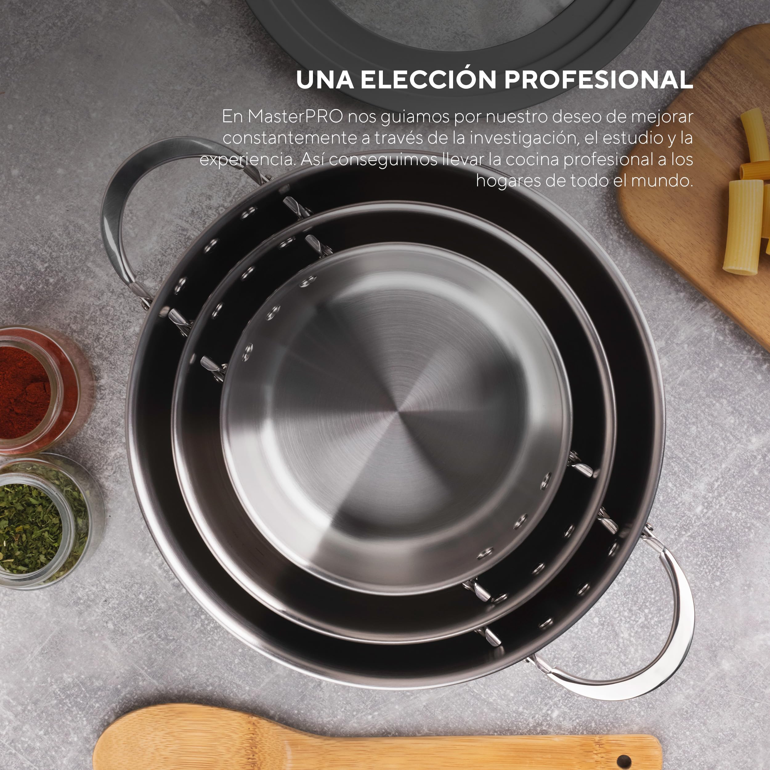 MasterPRO Foodies - Batería de Cocina - Set de 4 Piezas Con Cacerolas de 16, 20 y 24 cm y Tapa de Cristal - Fabricadas en Acero Inoxidable - Compatibles con Todo Tipo de Cocinas