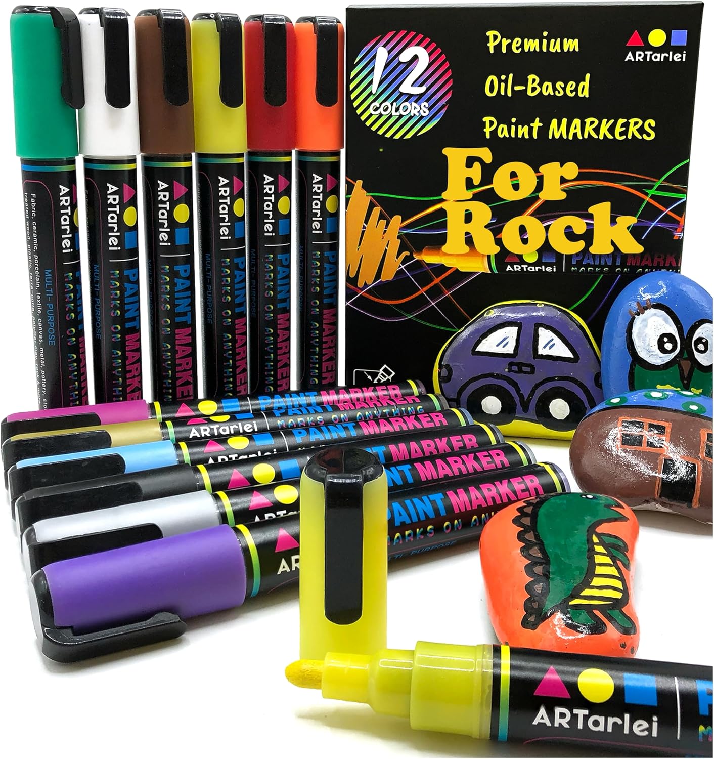 Rock Painting Perfection Markers Pens: 12 Vibrant Colors - Permanent, Oil-Based, Waterproof, Fade-Resistant, Non-Toxic - Precision Tips for Brilliant Stone Art