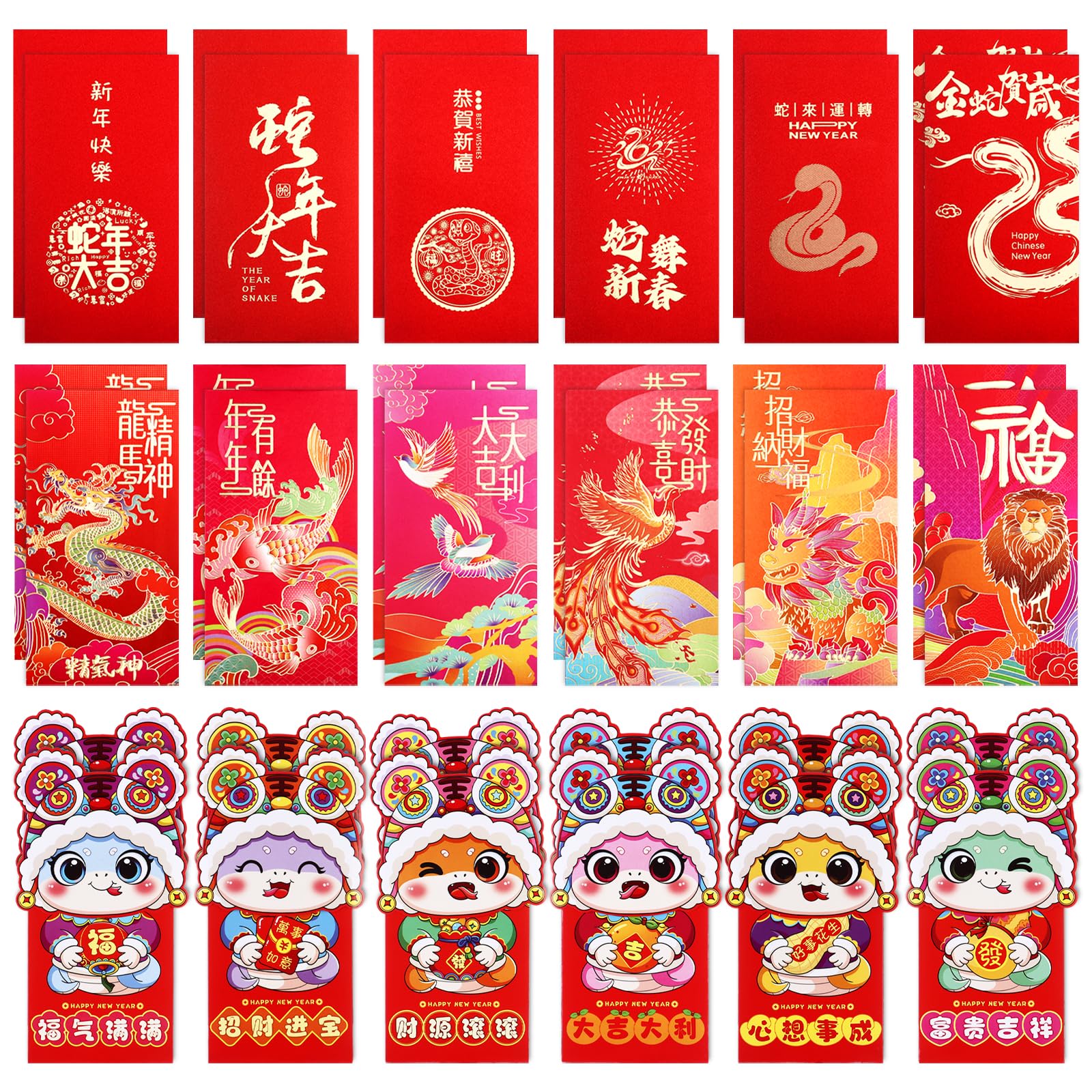Square Envelopes Chinese New Year Red Envelopes 2025,Lunar New Year Of Snake Lucky Money Envelopes Red Envelope Packets Hong Bao With 6 Different Gold Embossed Patterns And Greetings For Spring Festival 48