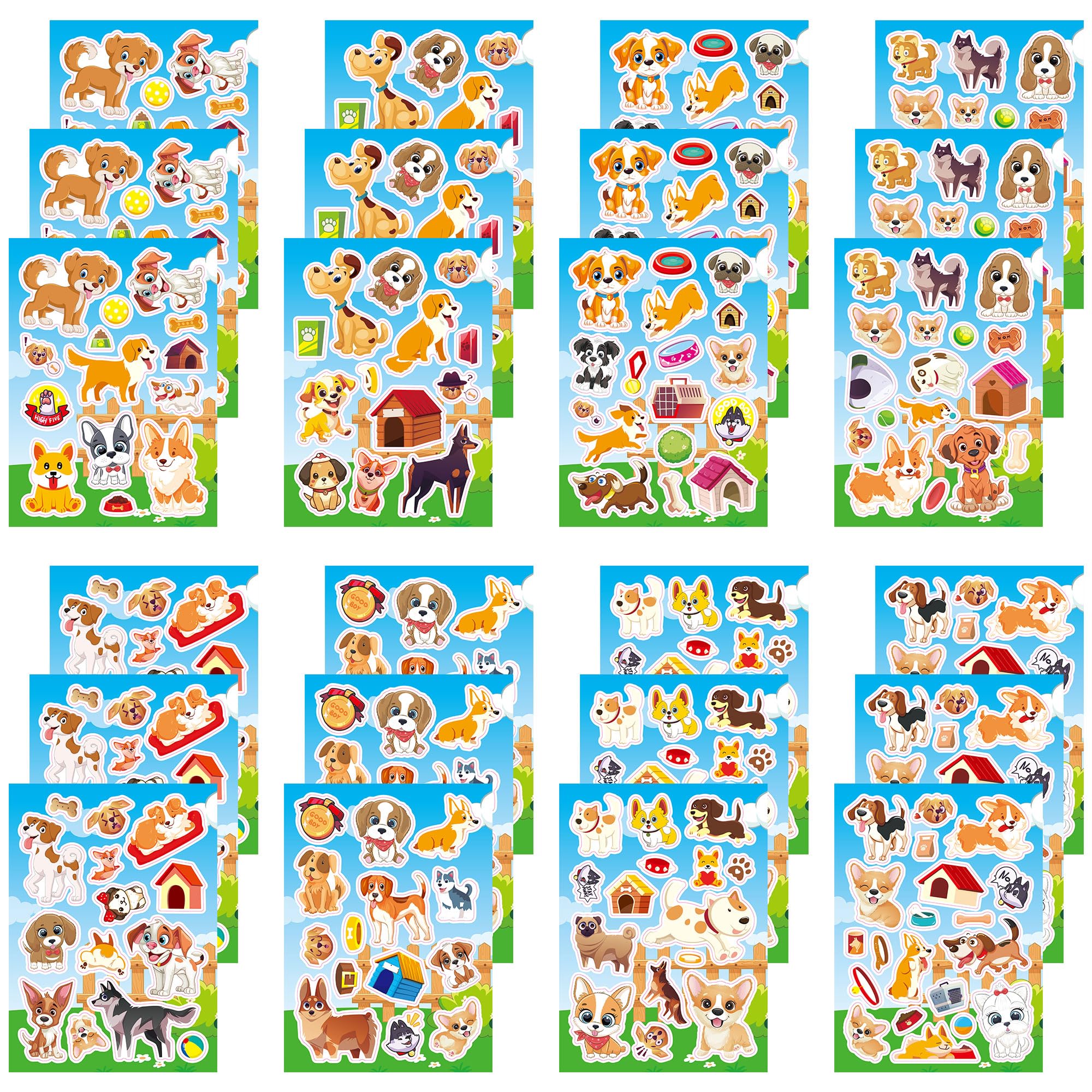 372Pcs Dog Stickers, 24 Sheets Dog Dog Paw Dog House Stickers Vinyl Waterproof Stickers for Kids Boys, Pets Stickers for Water Bottle Laptop Scrapbook Decor Party Favors Gifts