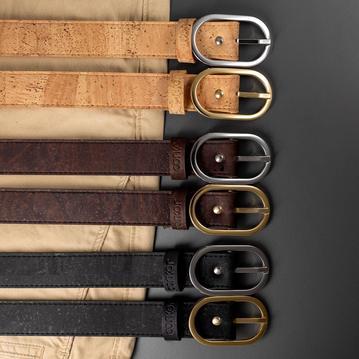 Corkor Women’s Cork Belt 1 1/8" – Brown or Black Strap with Silver or Gold Nickel-Free Buckle, Vegan, Soft