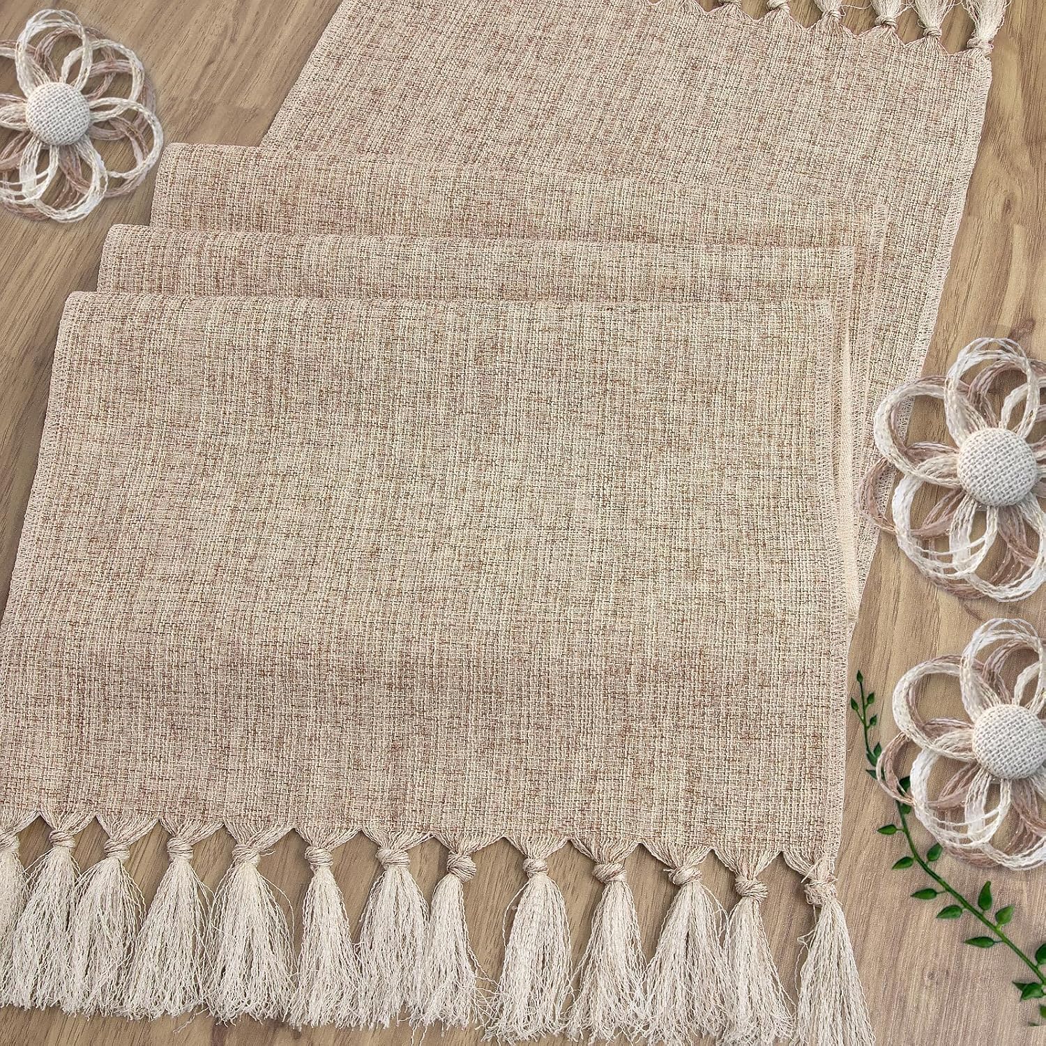 yuboo Boho Table Runner 108 inches Long, Rustic Farmhouse Dresser Runners for Bedroom, Dining Table, Spring Wedding Table Decor, Bridal Shower, Burlap Linen Table Runner (15x108 Tassels Included)