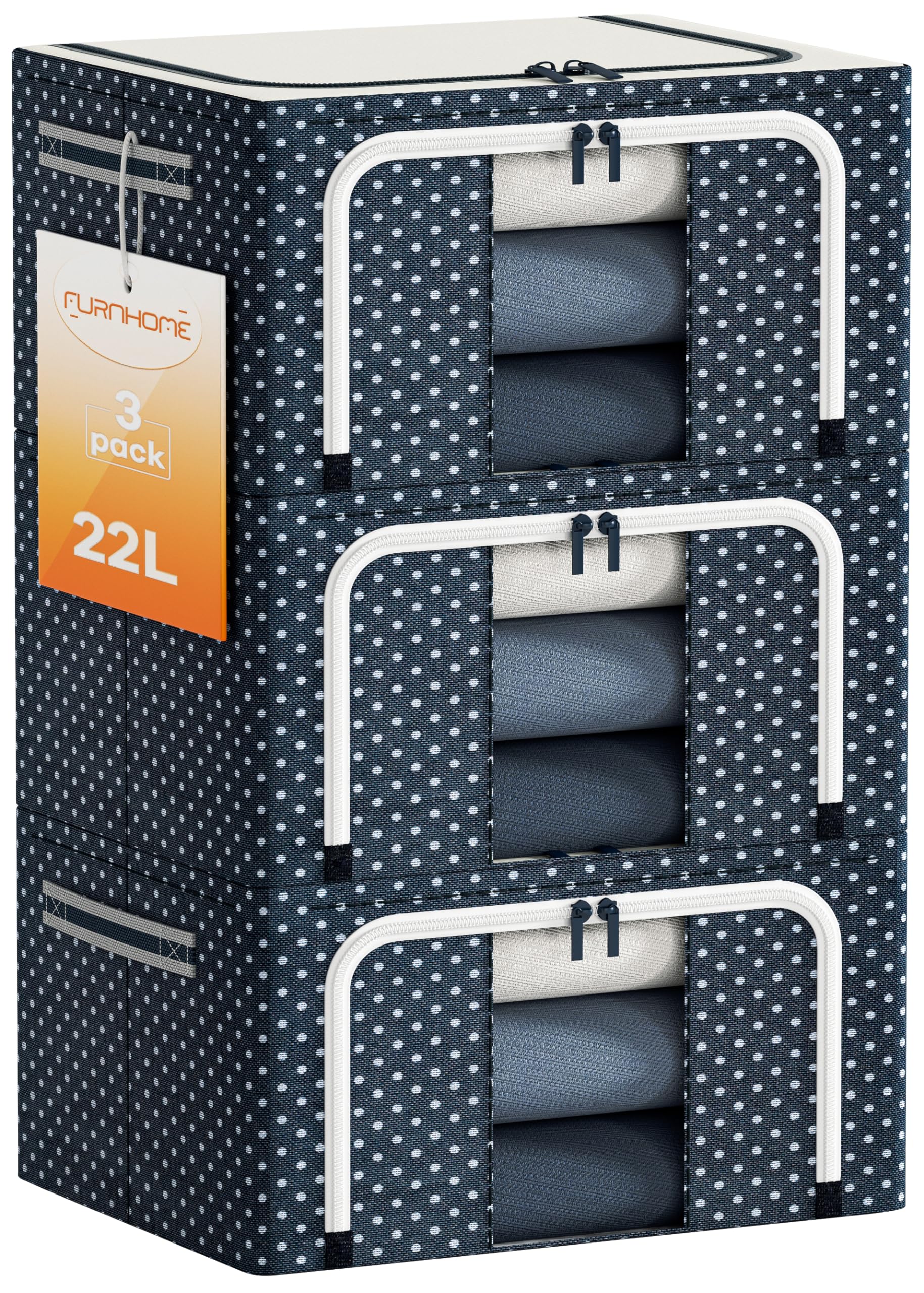 FurnhomeClothes Storage Organizer Bins Containers, Stackable and Foldable Oxford Cloth Steel Frame Storage Box for Clothing Storage with Clear Window & Reinforced Handles (Navy Dots, 22L,3PCS)