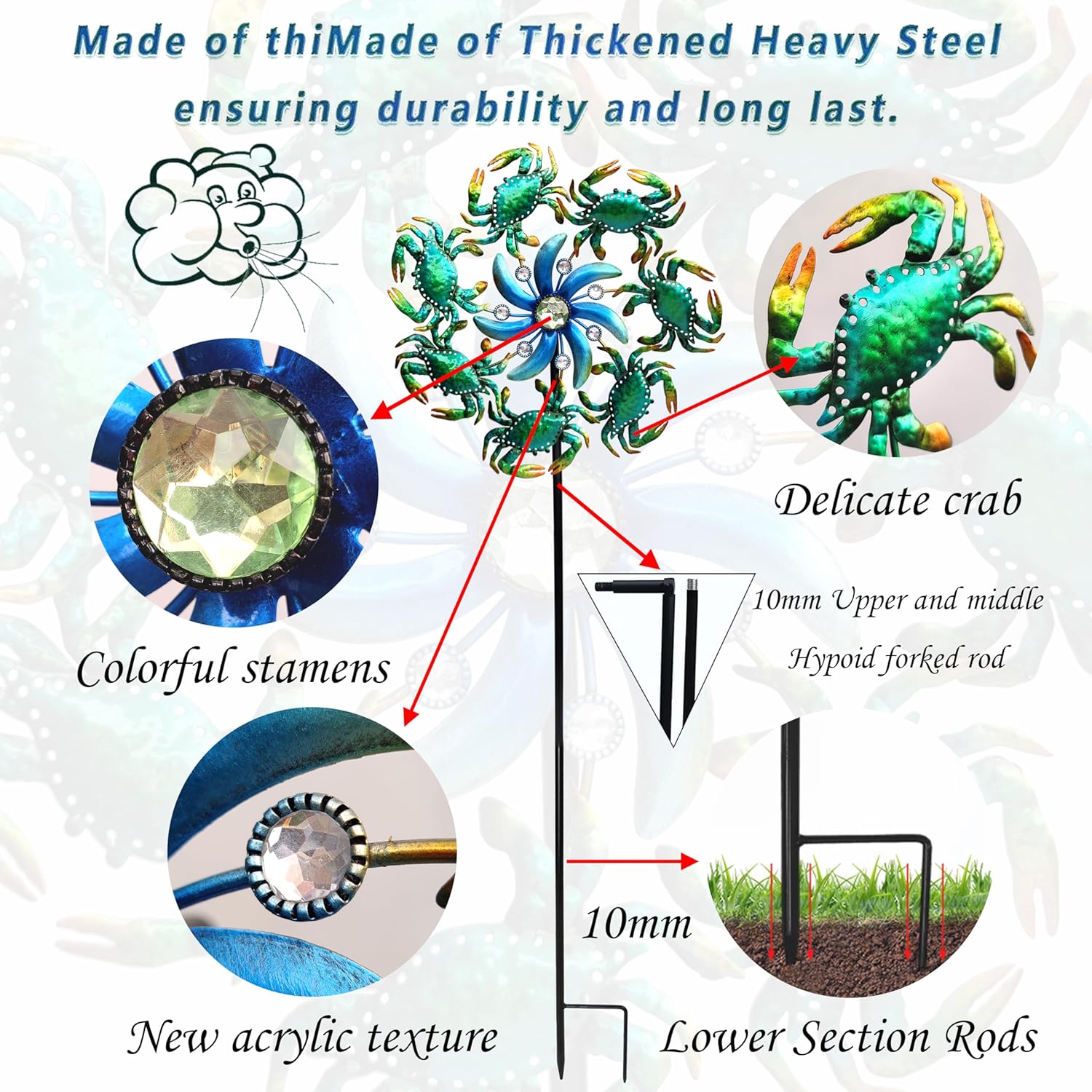 COOZZYHOUR 39" Crab Wind Spinners Metal Windmill Garden Stake,Ocean Theme Outdoor Wind Spinner,Wind Sculptures Yard Art Decorations for Patio,Lawn & Garden Decor